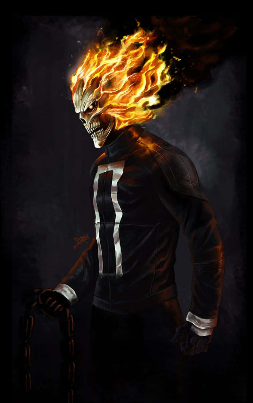 Ghost Rider 在黑暗場景中，擁有燃燒的骷髏頭和鎖鏈武器。 — 鬼 Rider 壁紙