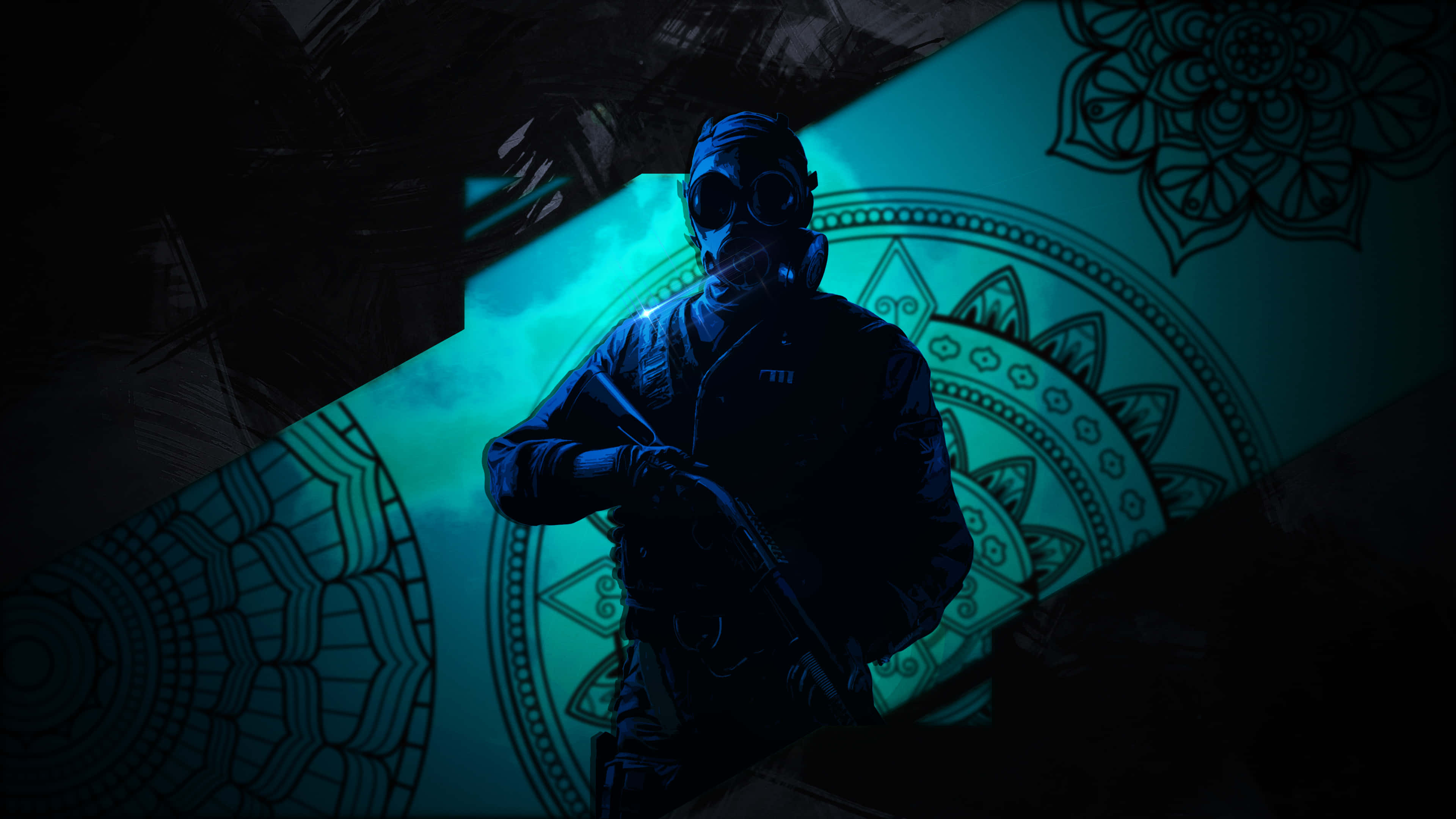 Rainbow Six Siege Thatcher 桌布 壁紙 — 一個身穿戰術裝備和防毒面具的人物，在黑暗、風格化的數位場景中，站在發光的青綠色曼陀羅圖案前。