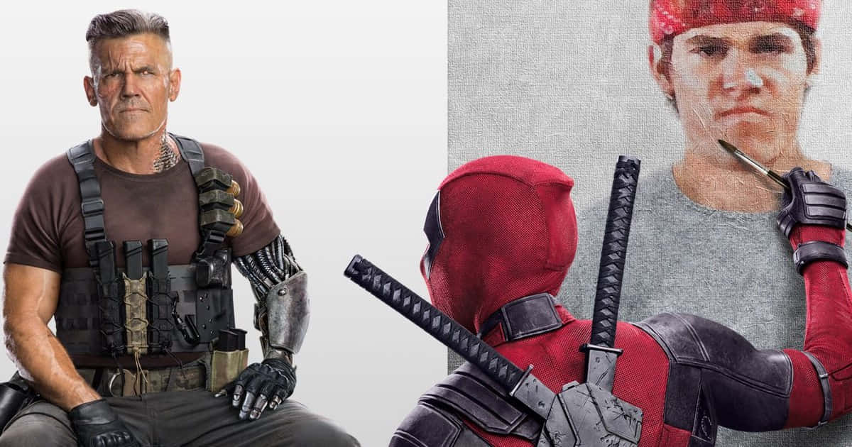 Deadpool And Cable 桌布 壁紙 — 一個身穿戰術裝備的粗獷動作英雄坐在身穿紅色戰衣、手持兩把武士刀的死侍旁邊。