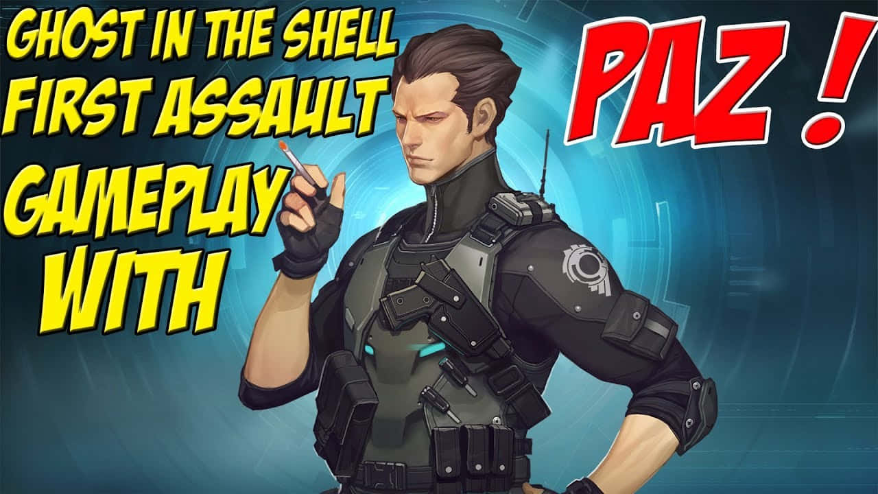 Ghost In The Shell Paz 桌布 壁紙 — 一個身穿戰術裝備的賽博龐克角色，在發光的藍色數位背景前拿著一根香煙。