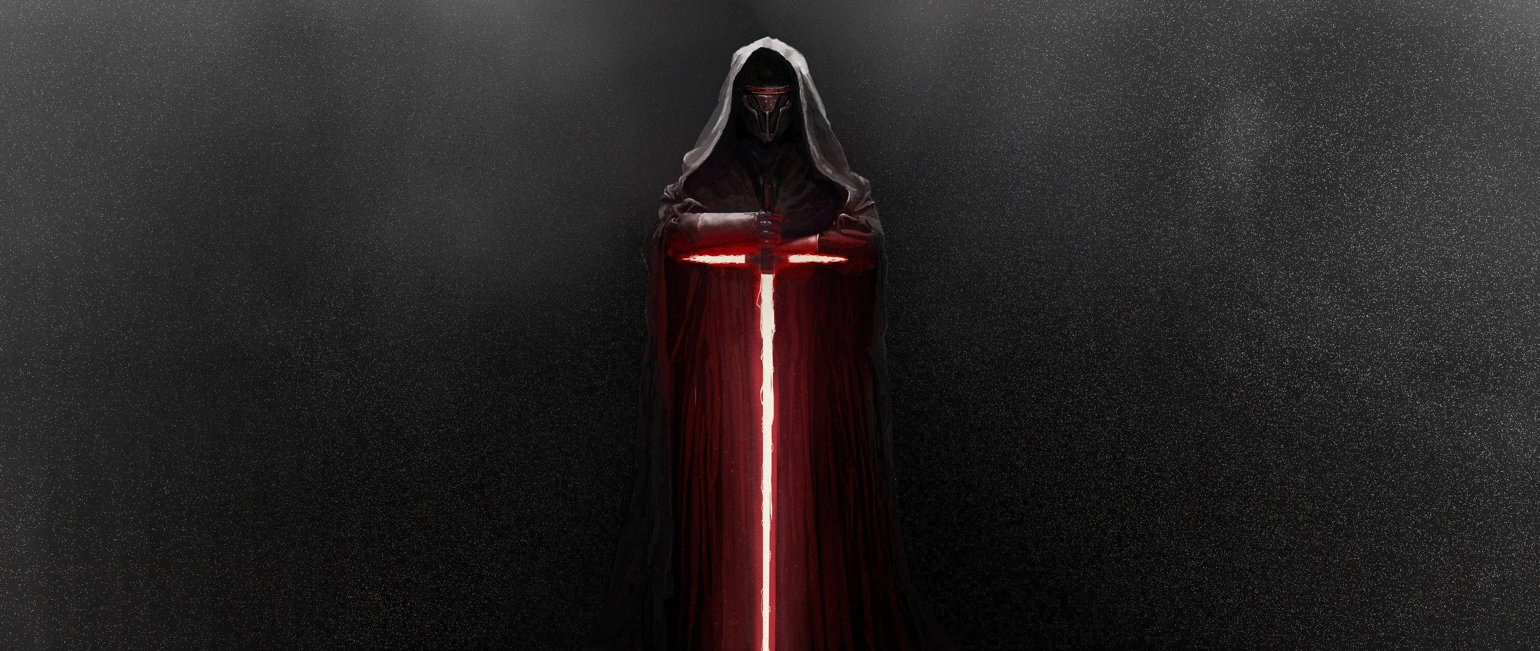 Kylo Ren 桌布 壁紙 — 一個身穿斗篷、戴著深色兜帽的人物，在煙霧瀰漫的黑色背景前，手持一把發光的紅色光劍。