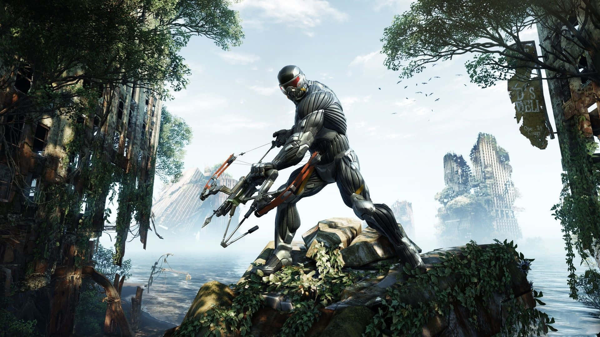 高清 桌布 壁紙 — 一個身穿時尚盔甲的未來戰士站在長滿青苔的廢墟上，俯瞰著被大自然重新佔領的淹沒城市。