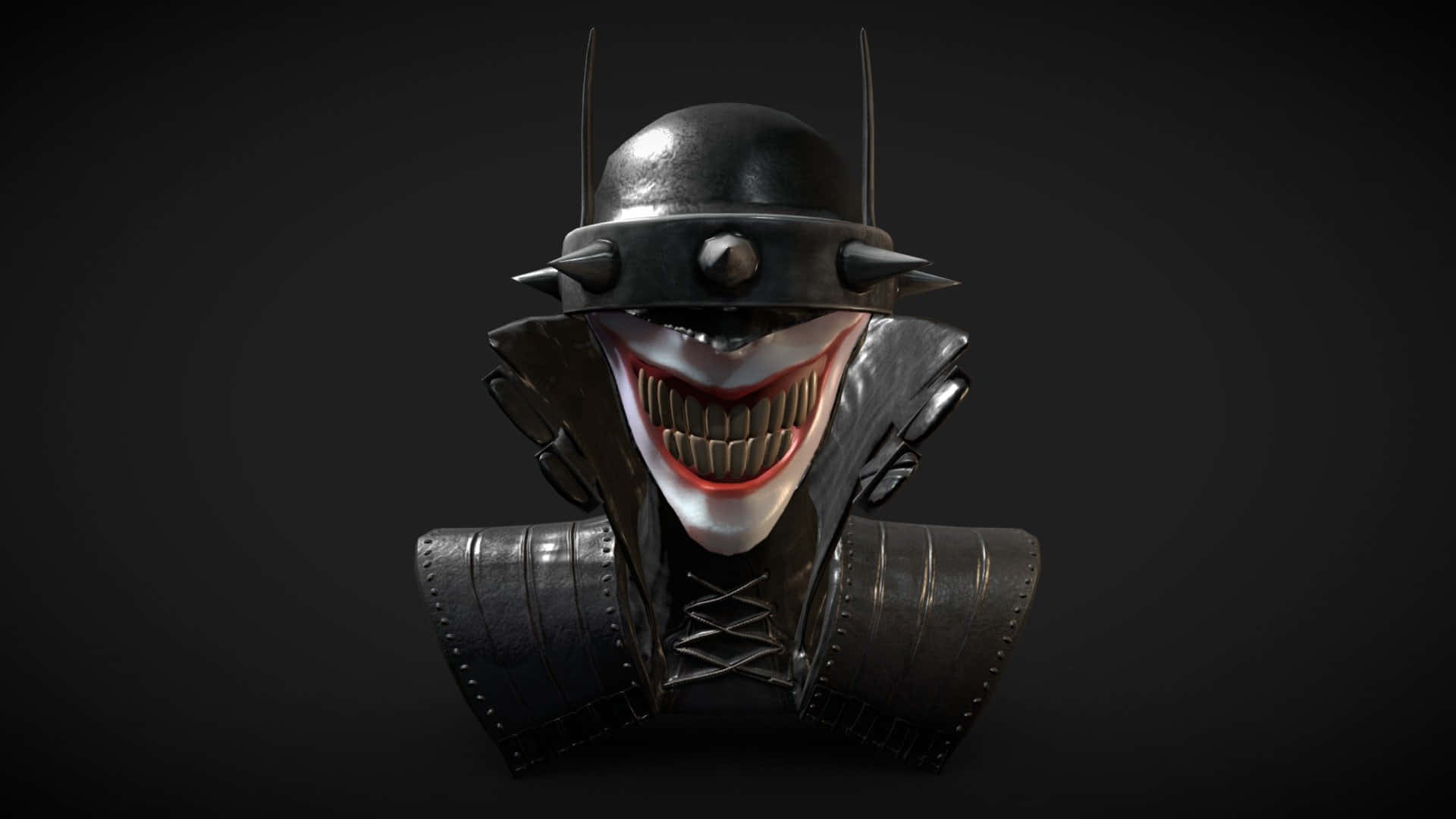 The Batman Who Laughs 桌布 壁紙 — 一個身穿暗色盔甲、咧嘴大笑、頭戴尖刺頭盔的小丑數位半身像，背景為黑色，充滿威脅感。