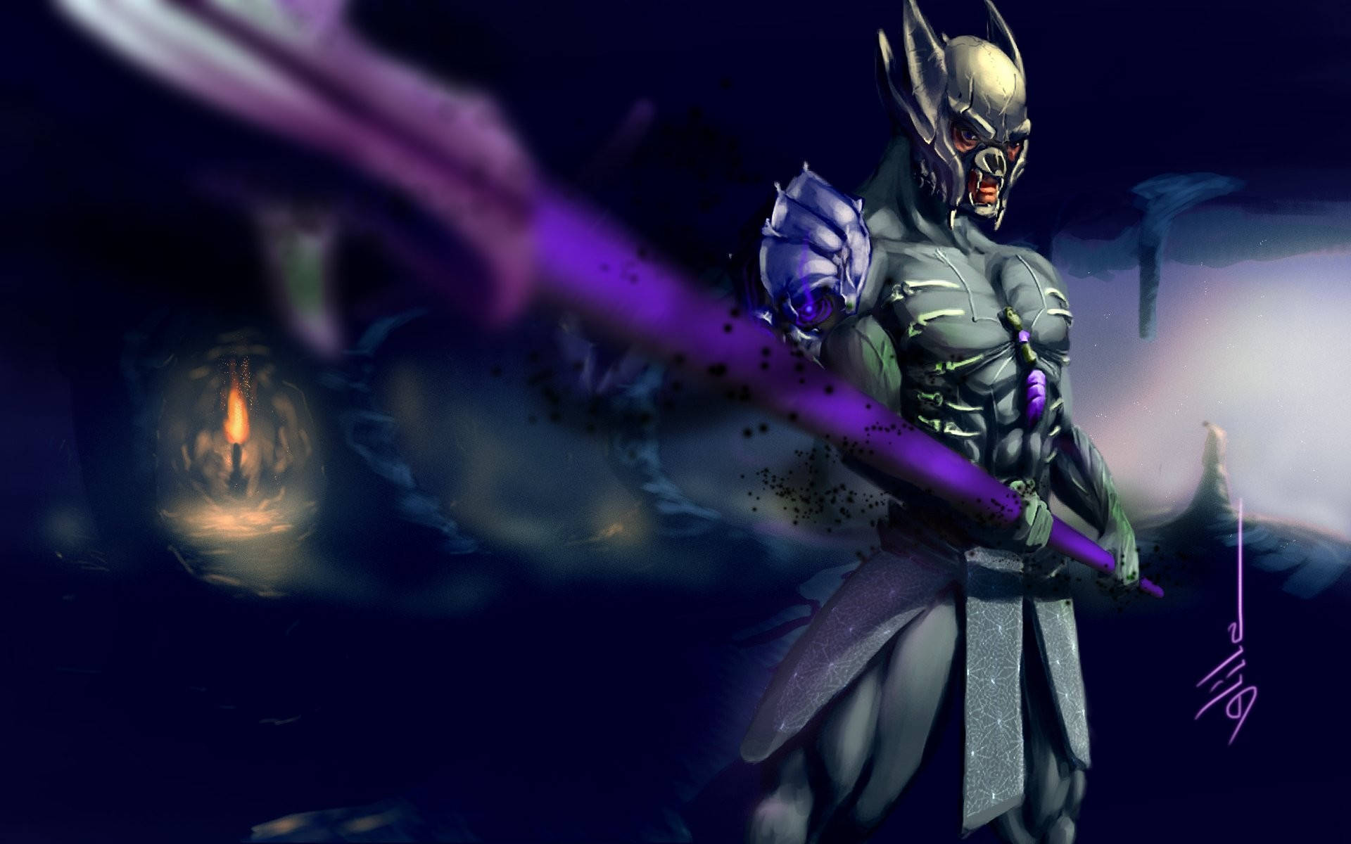 Terraria Moon Lord 桌布 壁紙 — 一個身穿暗色盔甲、帶有威脅性角的戰士，在陰暗背景中揮舞著發光的紫色法杖，遠處有一扇點著蠟燭的窗戶。