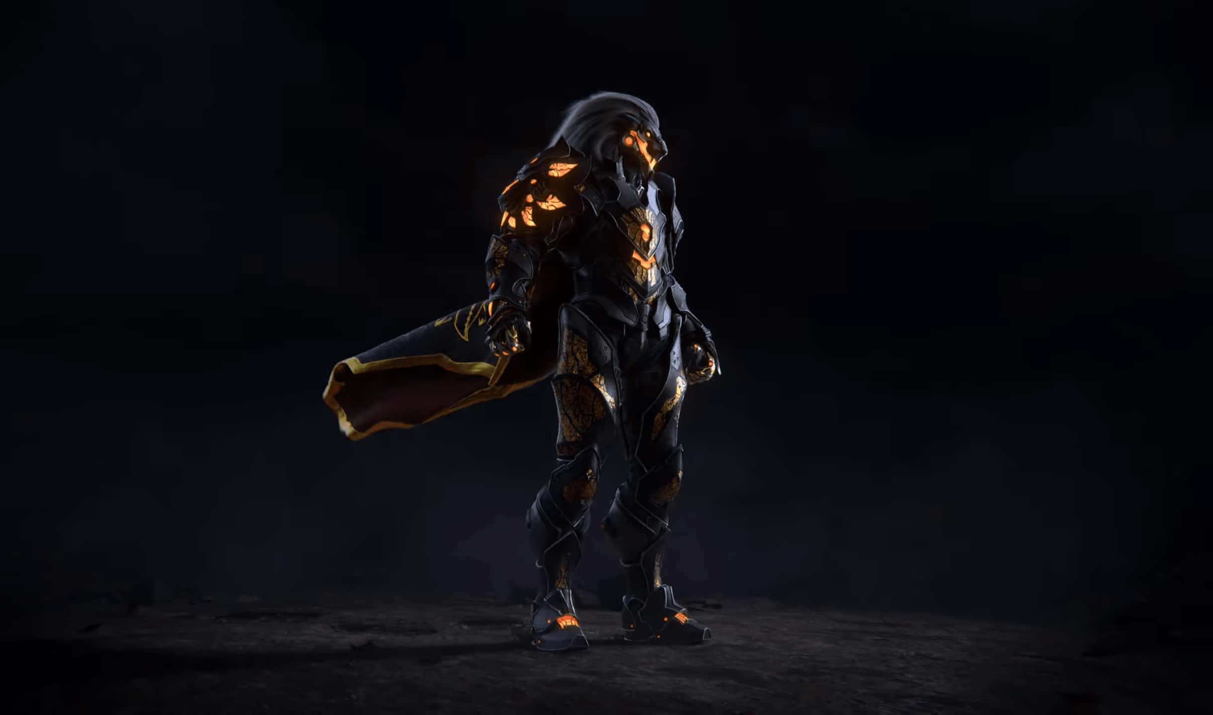 Game Art 桌布 壁紙 — 一個身穿暗色盔甲、帶有發光橙色點綴的戰士，站在陰影黑暗中，手持斗篷。
