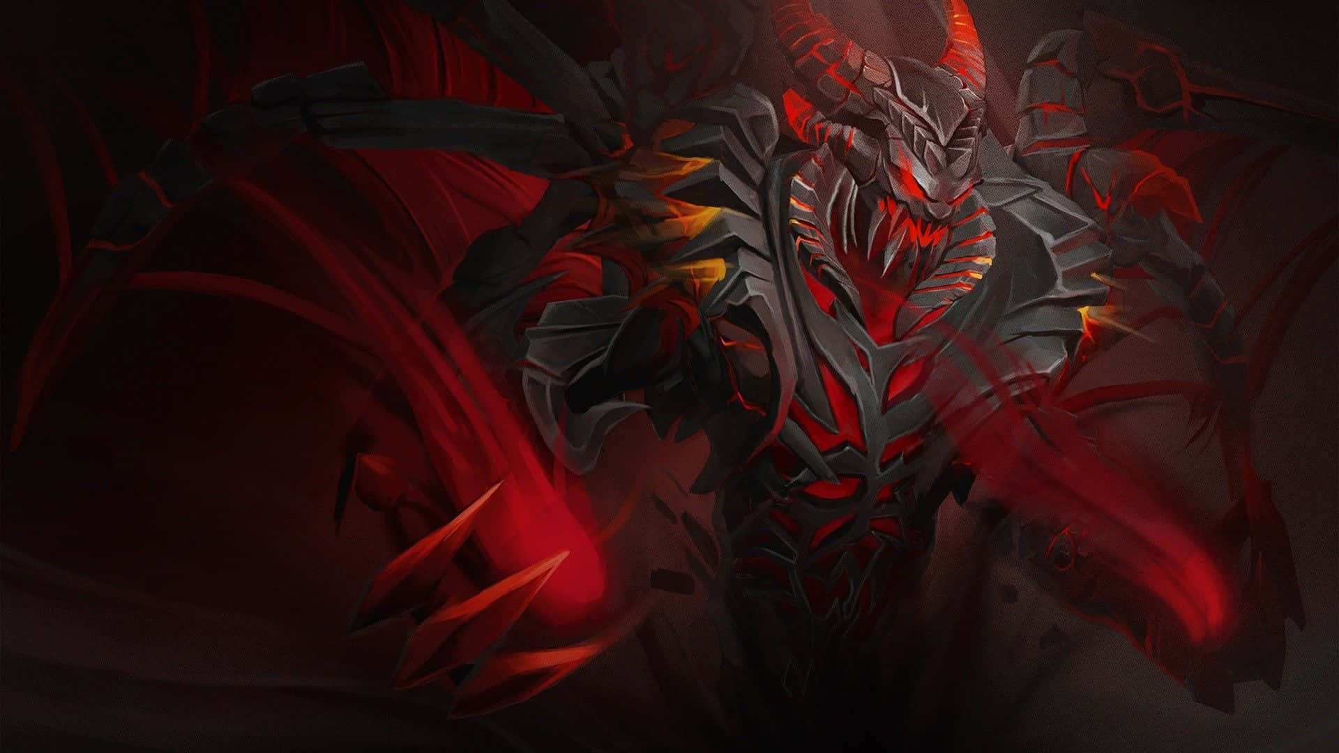 Shadow Fiend 桌布 壁紙 — 一個身穿暗色盔甲、帶有發光紅色點綴和流動深紅能量的威脅性惡魔戰士，站在陰影黑暗中。