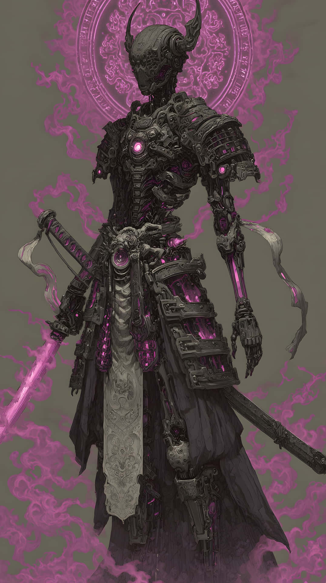 Iridescent armored warrior glowing pink energy 壁紙 — 一個身穿暗色盔甲、帶有發光紫色能量和角的戰士，站在旋轉的紫色光環前，背後有一個圓形印記。