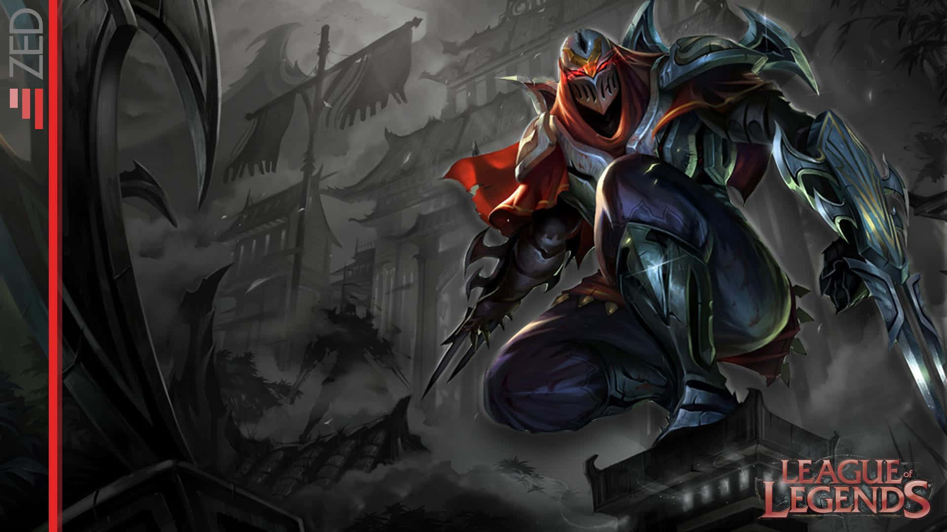 1920x1080 League Of Legends 桌布 壁紙 — 一個身穿暗色盔甲、戴紅色兜帽、眼睛發光的戰士，在一個破敗的亞洲風格城市景觀中威脅性地蹲伏著。