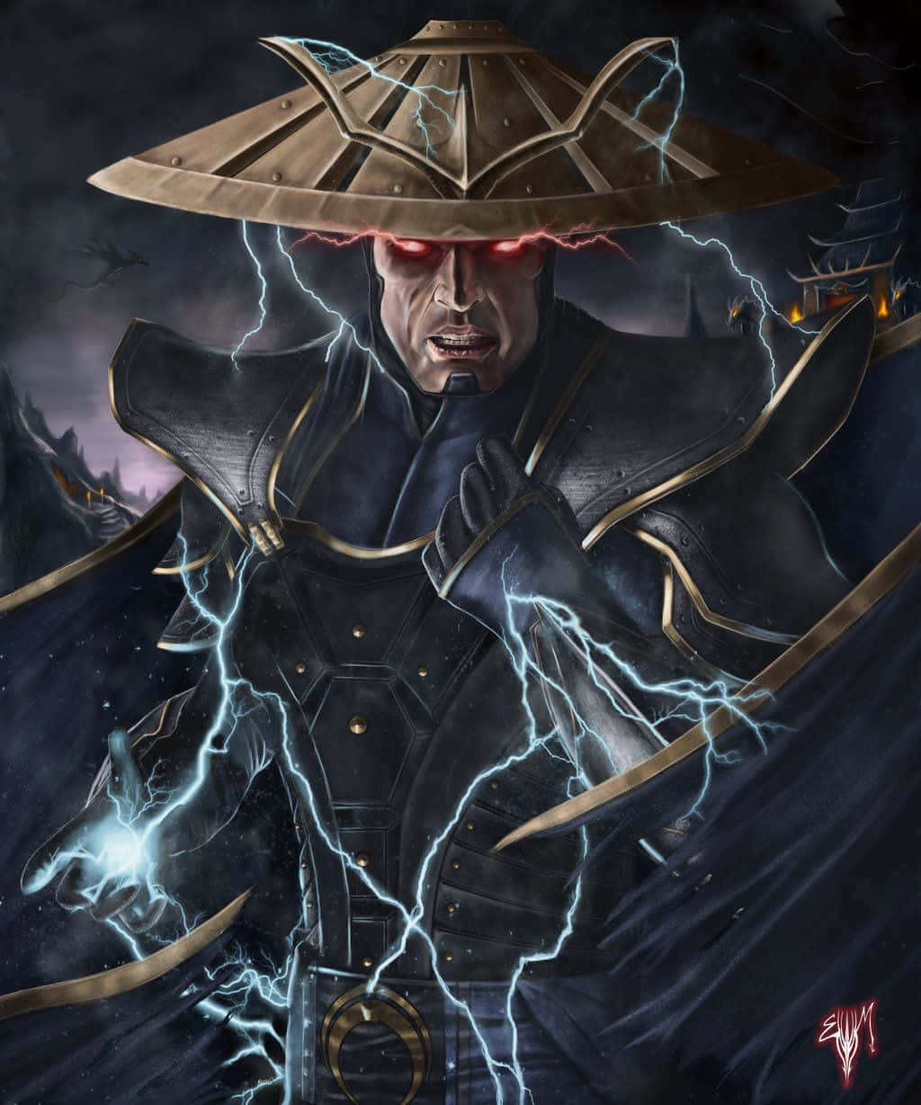 Mortal Kombat Raiden 桌布 壁紙 — 一個身穿暗色盔甲、戴著寬邊帽的威嚇戰士，在暴風雨的夜晚背景下，用發光的紅色眼睛引導劈啪作響的閃電。