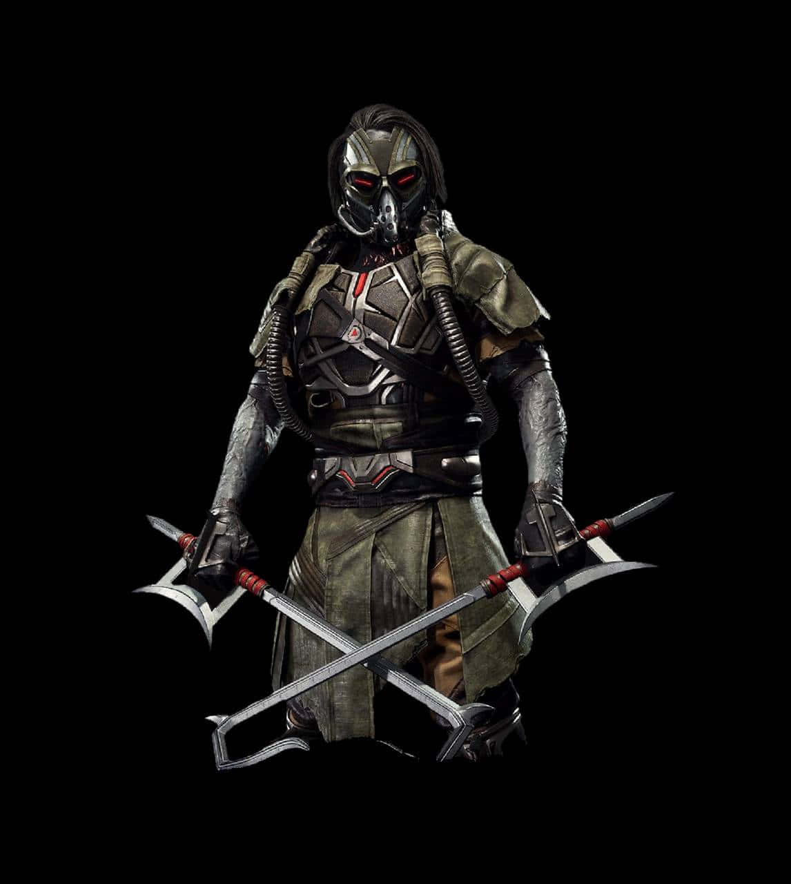 Mortal Kombat Kabal 桌布 壁紙 — 一個身穿暗色盔甲、戴著面具的威脅性戰士，在黑色背景前手持兩把交叉的斧頭。