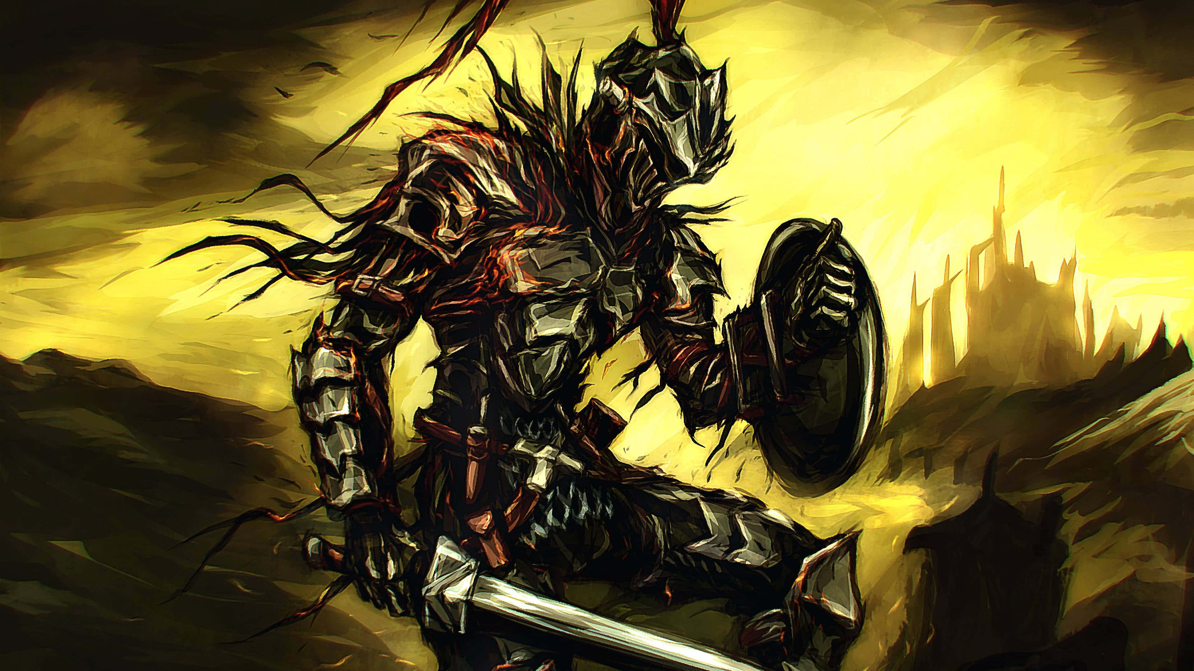 Goblin Slayer 桌布 壁紙 — 一個身穿暗色盔甲、手持劍和盾牌的騎士，在金色夕陽天空和遠處城堡剪影的背景下，挑釁地站立著。