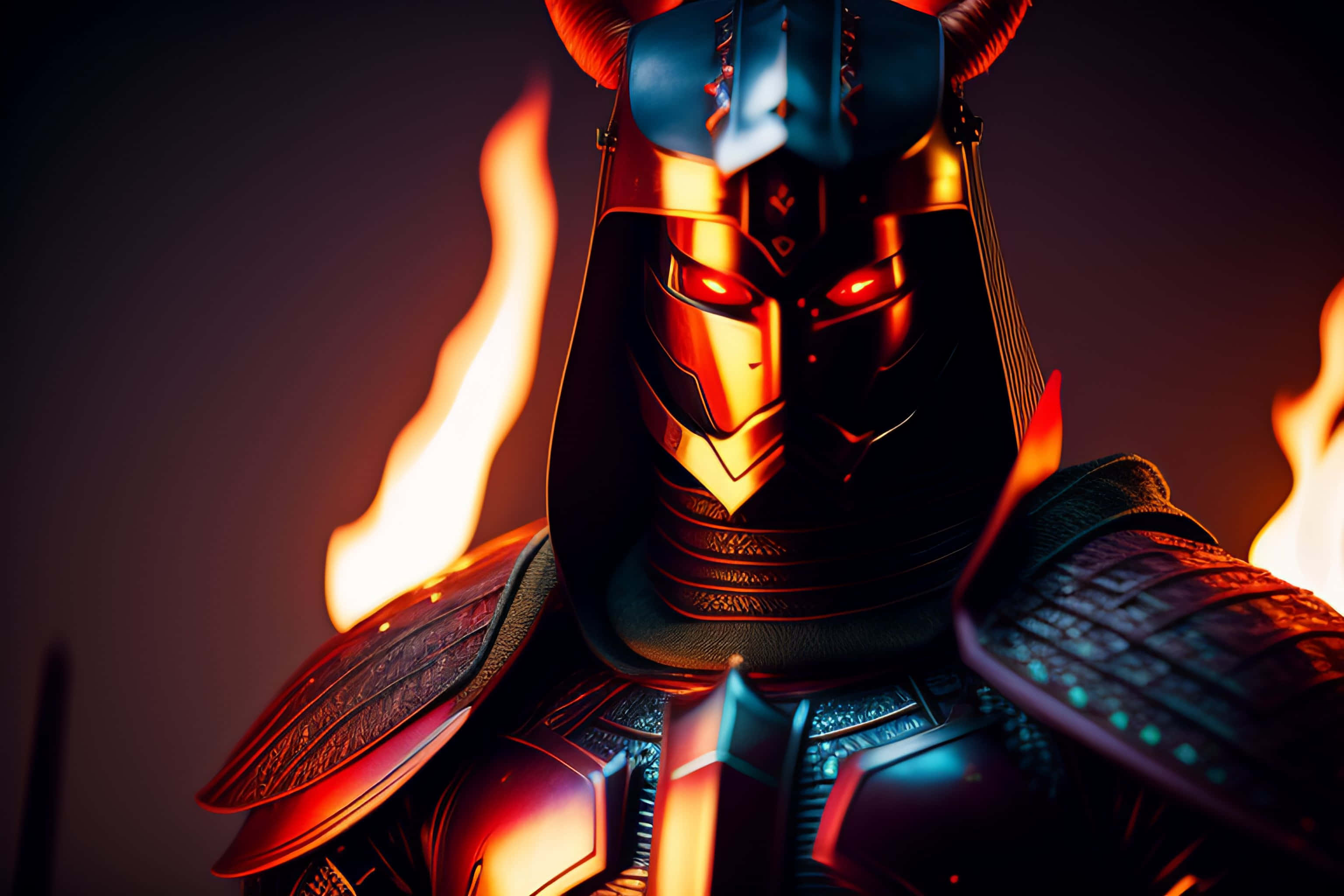 Samurai Armor 桌布 壁紙 — 一個身穿暗色盔甲、擁有發光紅眼、背後噴出猛烈火焰的威嚇武士。
