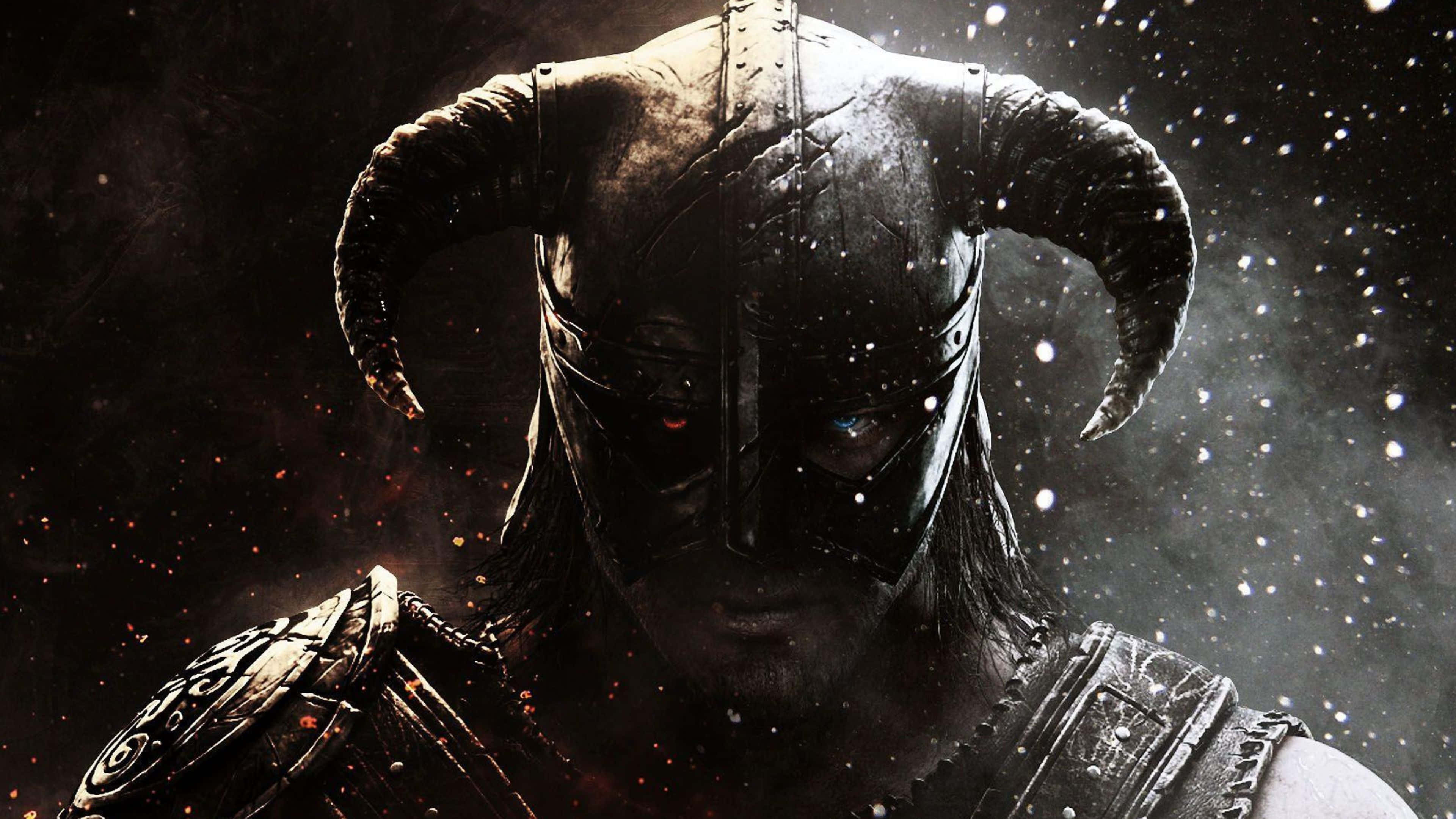 The Elder Scrolls V Skyrim 桌布 壁紙 — 一個身穿暗色盔甲、擁有紅色和藍色發光眼睛的威脅性角鬥士，在繁星點點的宇宙背景下凝視著。