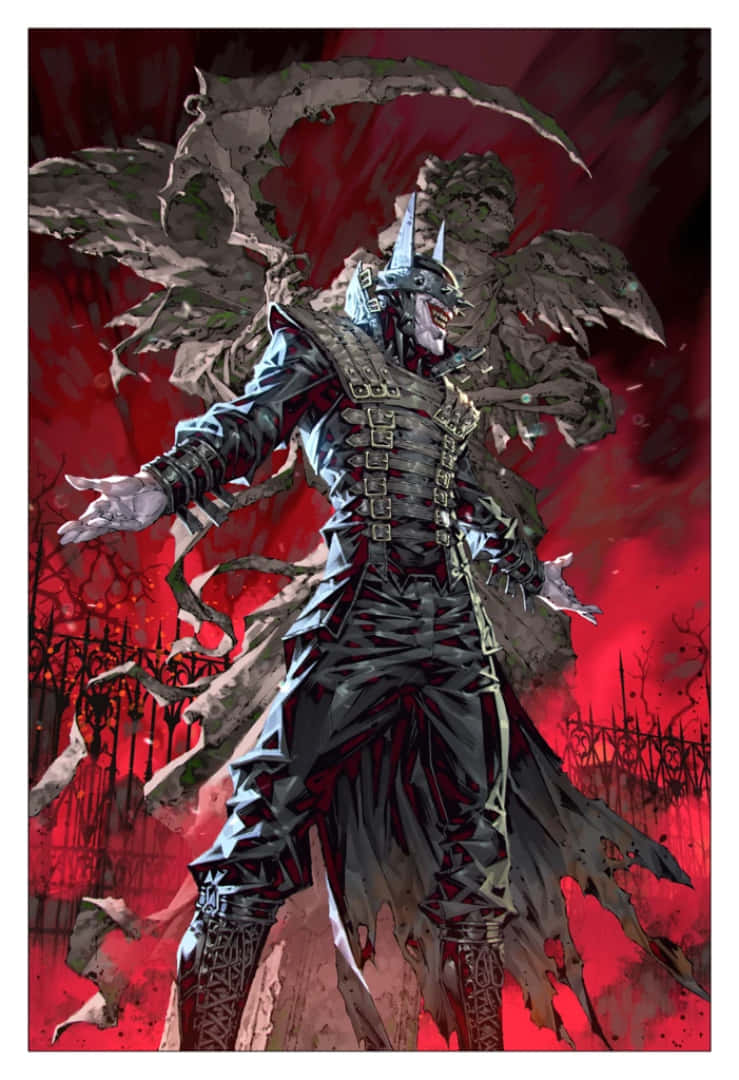 The Batman Who Laughs 桌布 壁紙 — 一個身穿暗色盔甲、擁有蝙蝠翅膀和鐮刀的戰士，在血紅地獄般的背景下威風凜凜地站立。