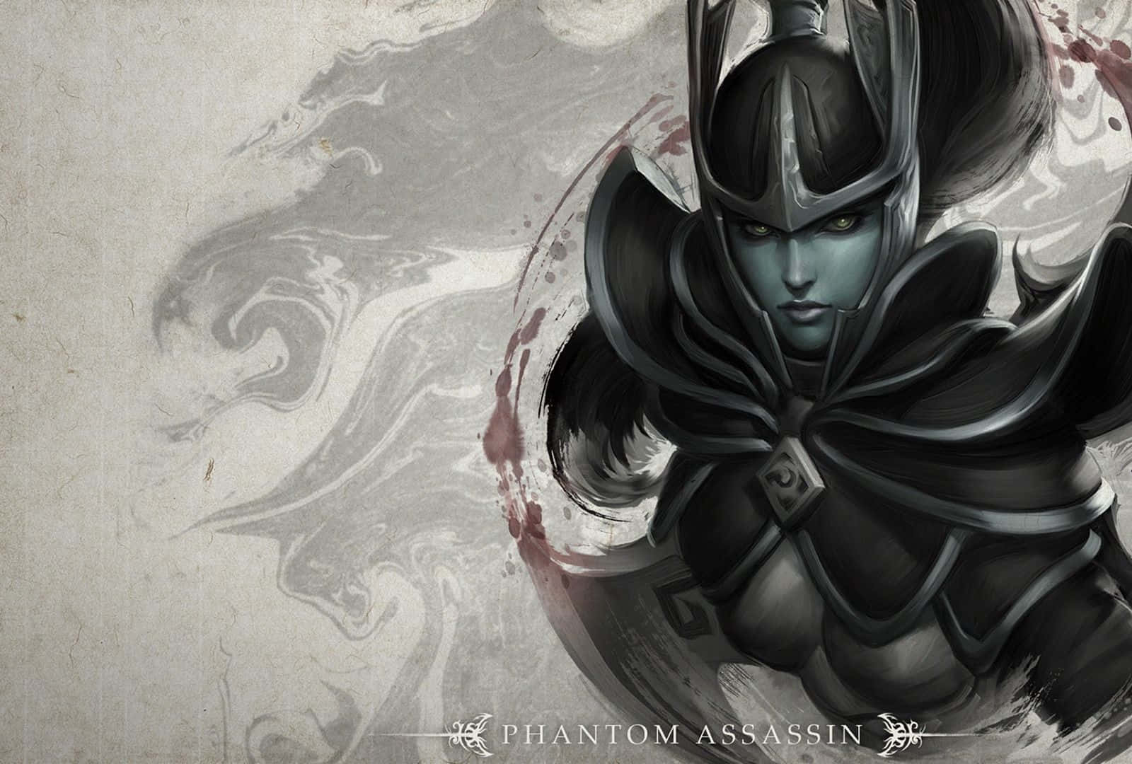 Phantom Assassin 桌布 壁紙 — 一個身穿暗色盔甲、眼睛發光、帶有血跡的戰士，站在旋轉的灰色和紅色抽象背景前。