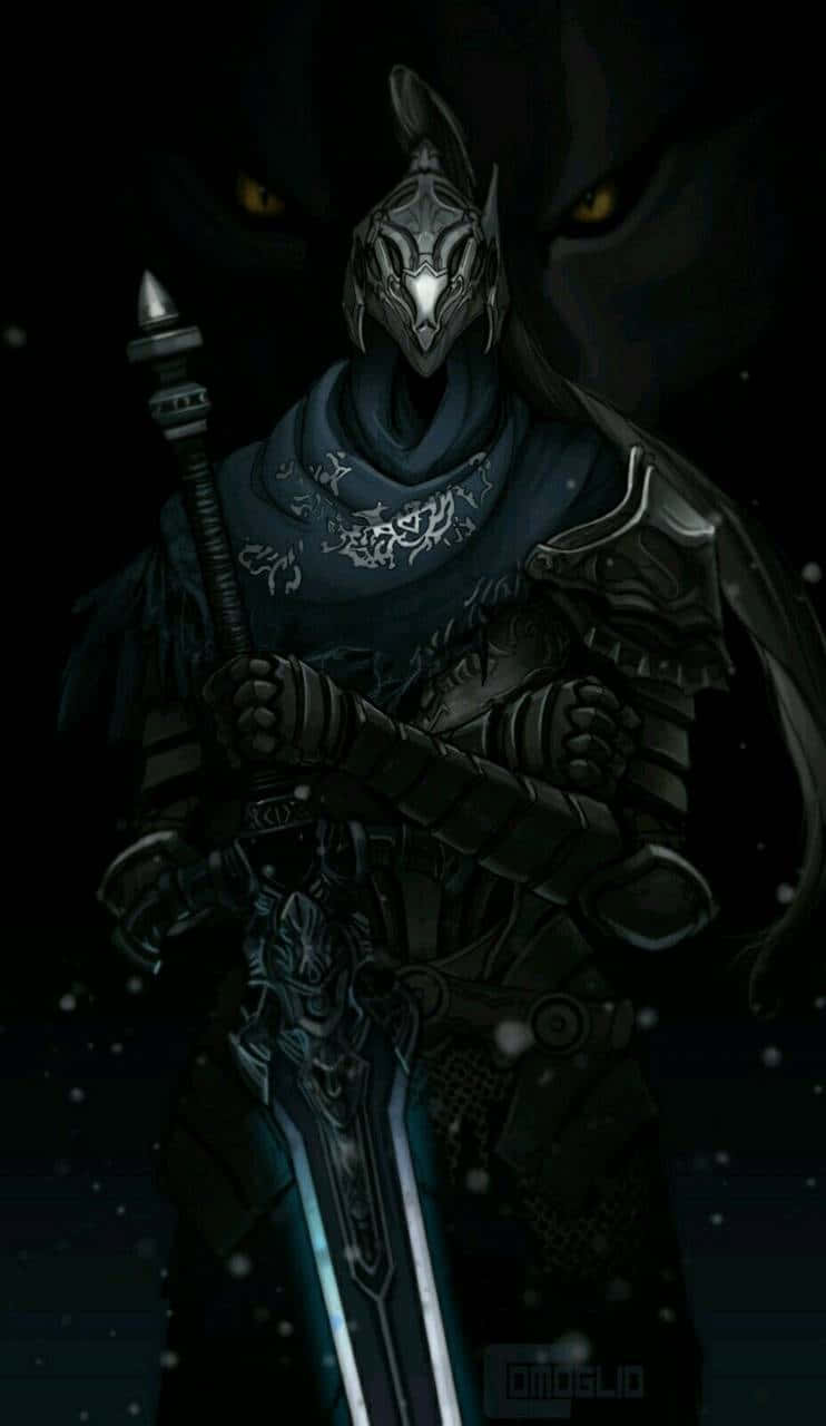 Artorias The Abysswalker 桌布 壁紙 — 一個身穿暗色盔甲、眼睛發光、手持劍的騎士，在充滿漂浮粒子的陰影背景中威風凜凜地站立。