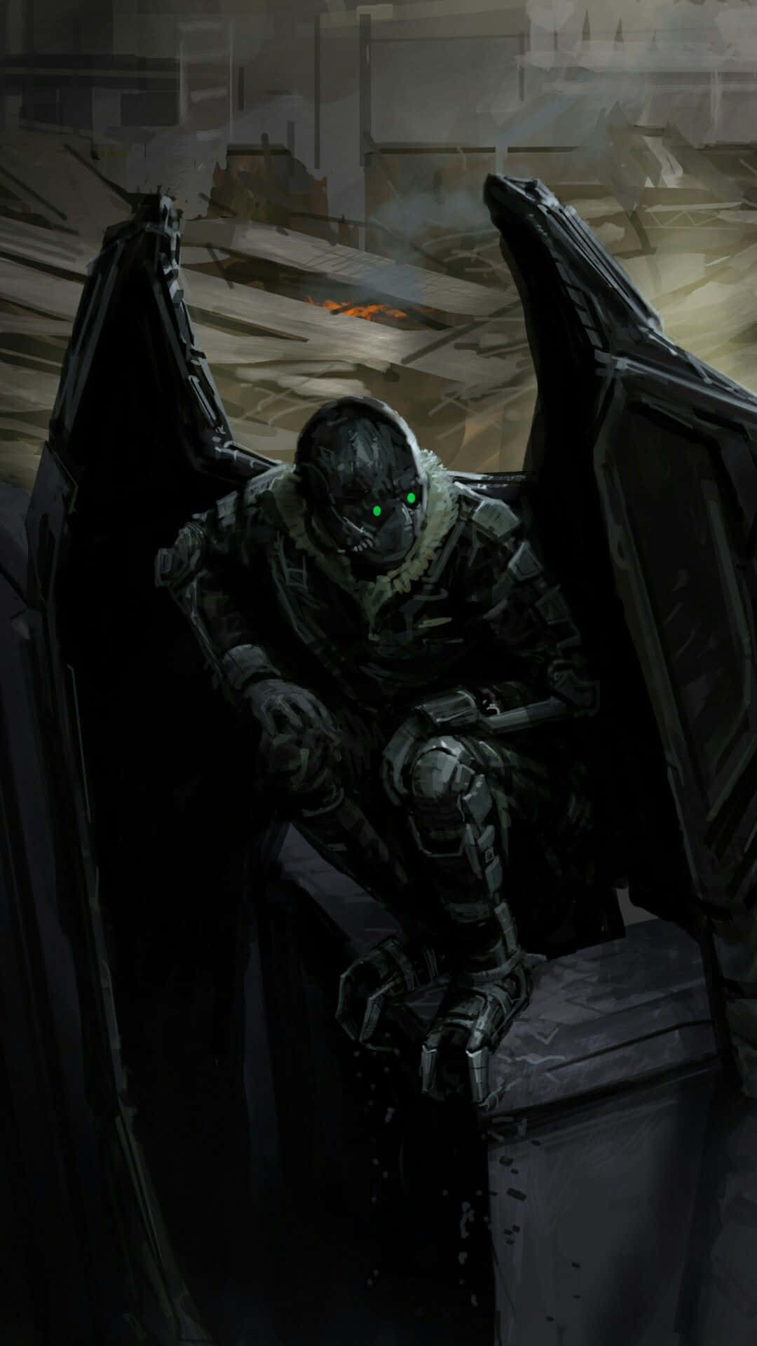 The Vulture 桌布 壁紙 — 一個身穿暗色盔甲、眼睛發出綠光的身影，在陰沉天空下的廢棄城市荒地中蹲伏。