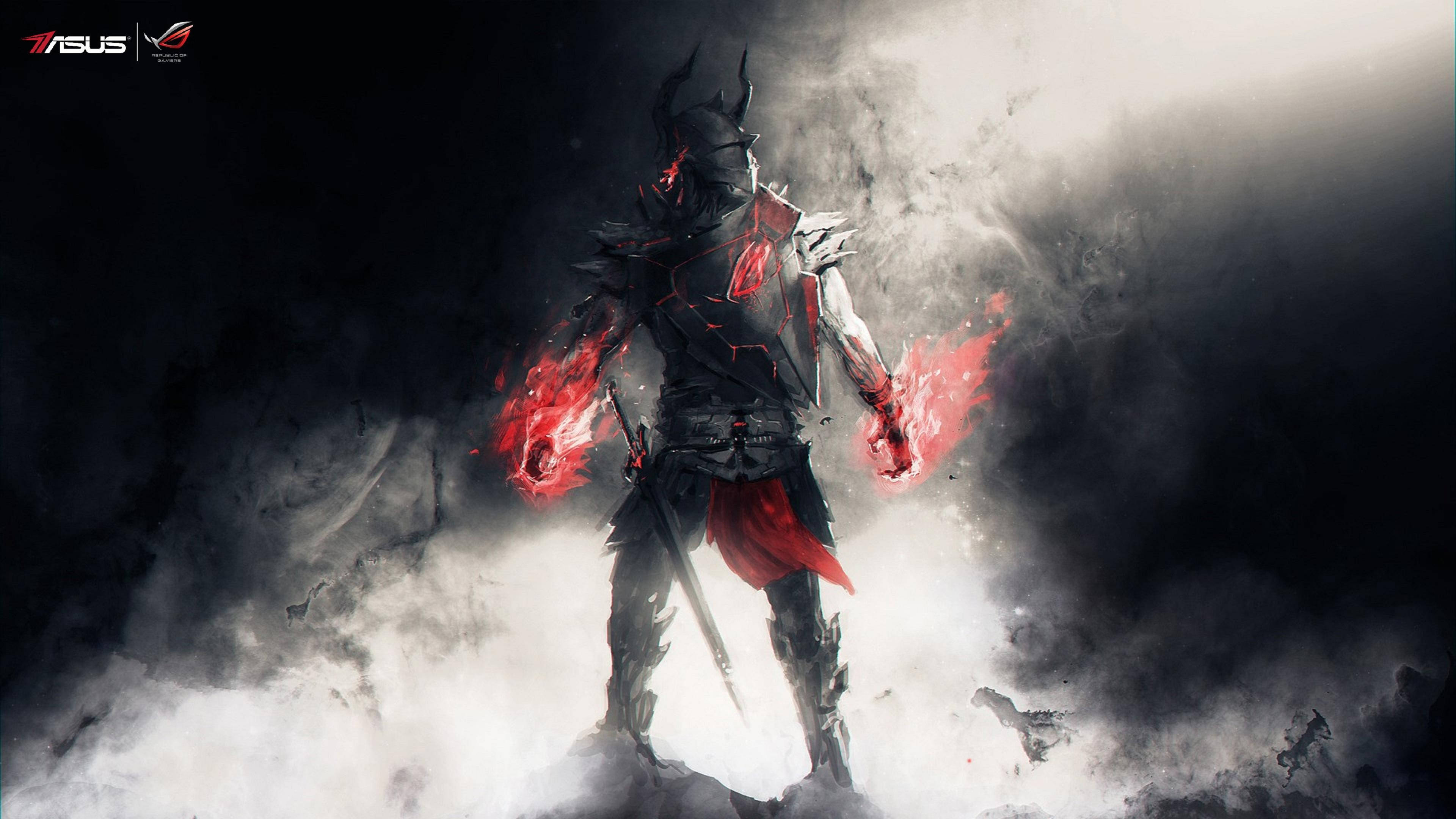 PC 遊戲 桌布 壁紙 — 一個身穿暗色盔甲、雙手發出紅光的戰士，站在旋轉煙霧中，構成戲劇性的奇幻場景。