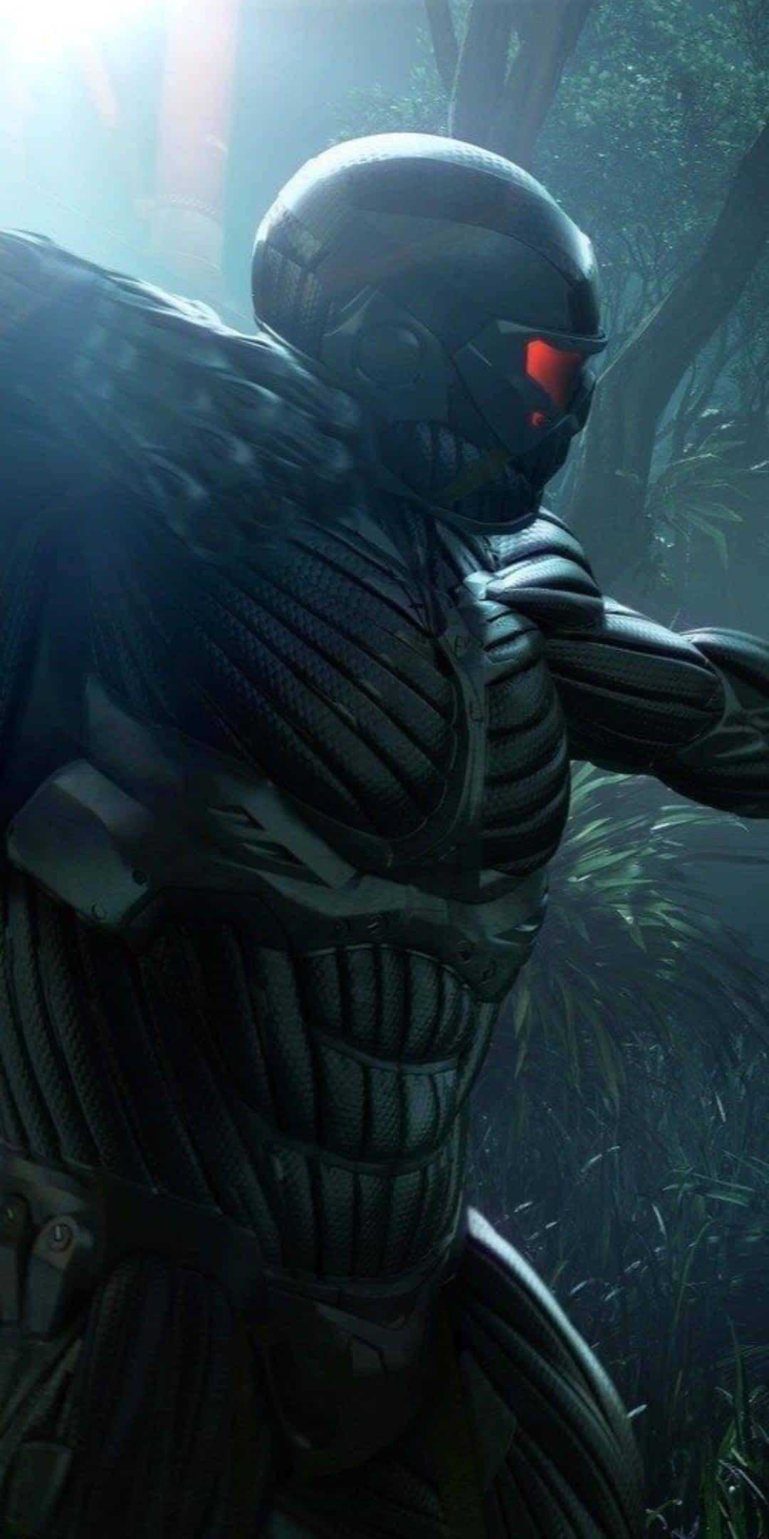Pixel 3 Crysis 3 桌布 壁紙 — 一個身穿暗色盔甲、雙眼發出紅光的身影蹲伏在迷霧森林中，準備行動。