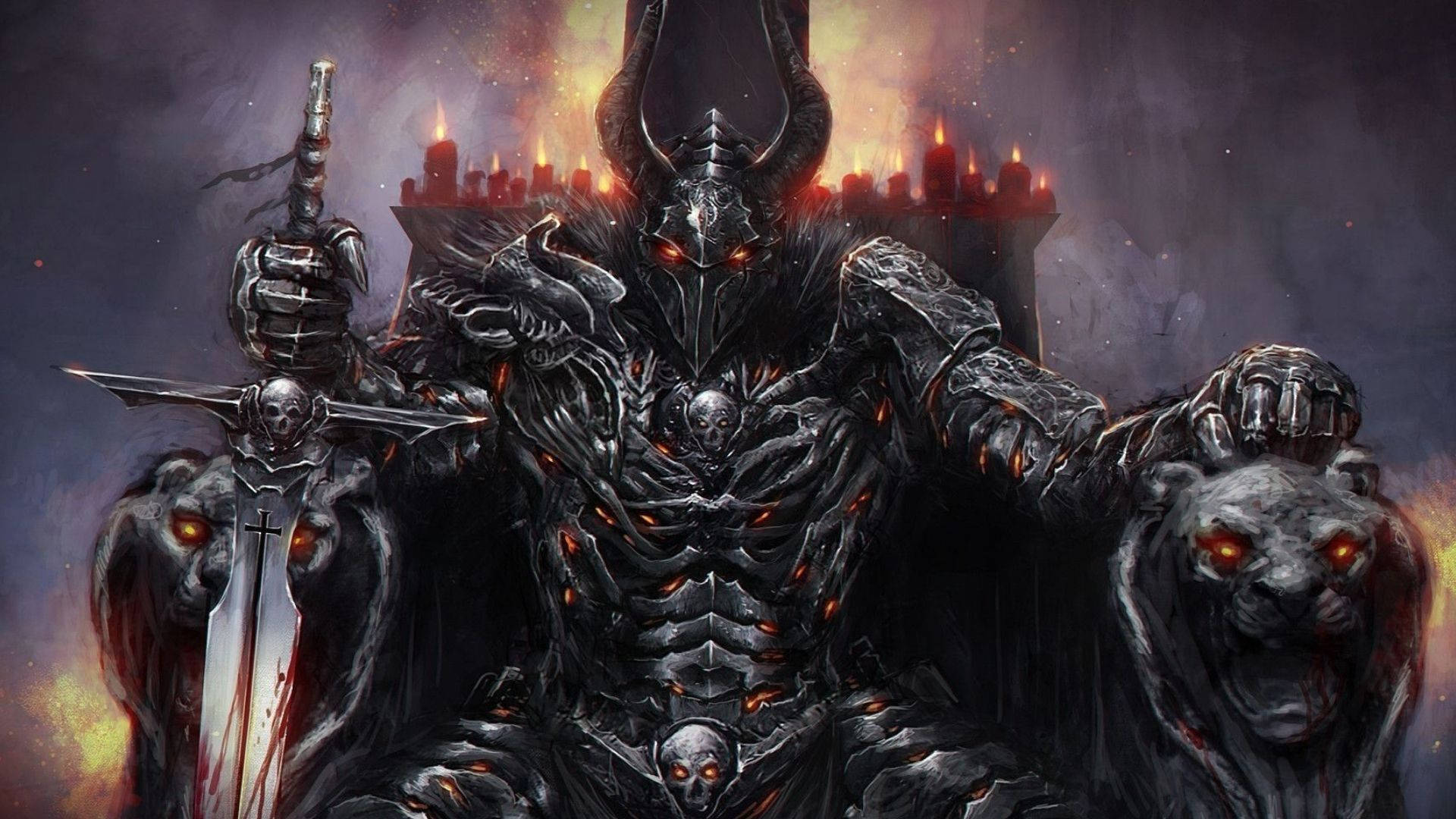 一個雙眼發光的惡魔王坐在王座上，兩側是獅頭野獸，手持一把血淋淋的劍。 — 國王 GIF 壁紙