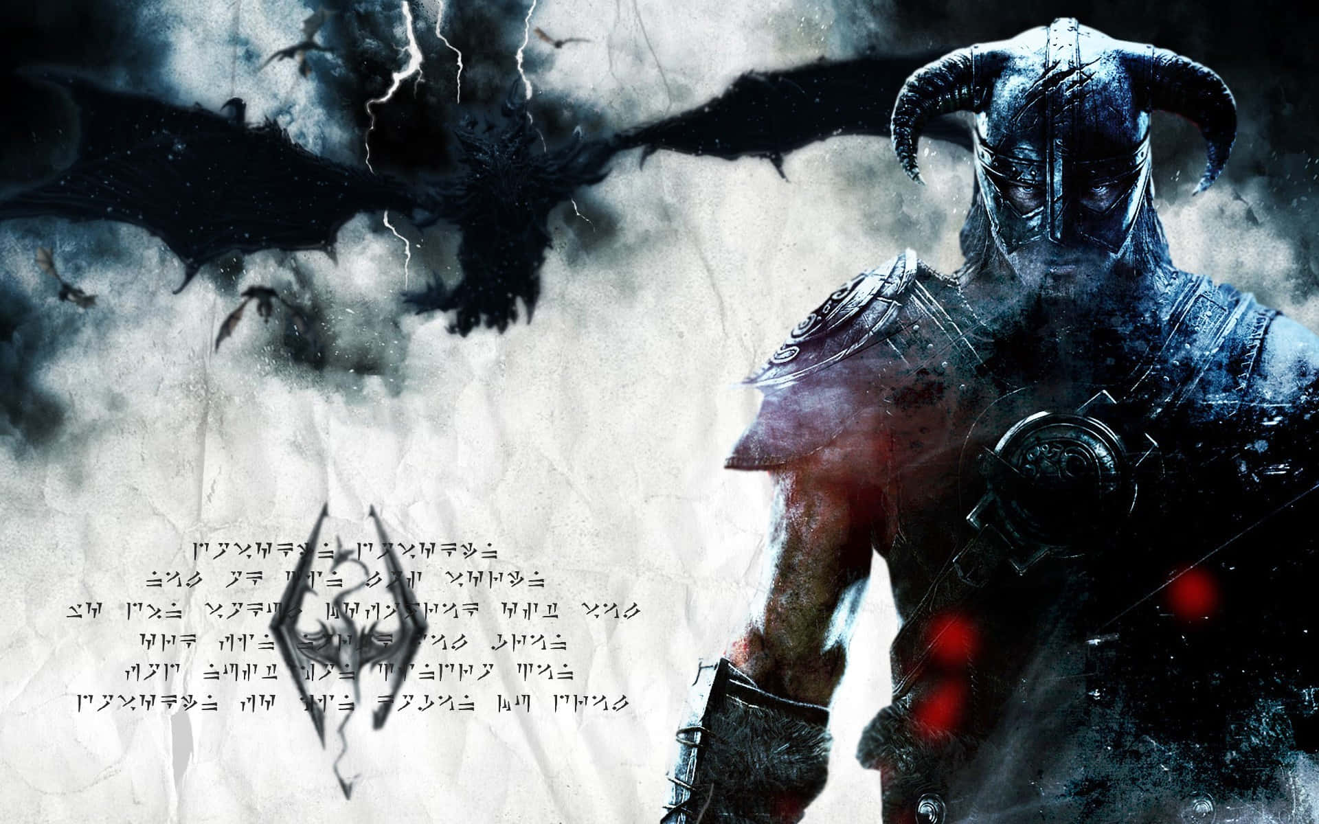 dovahkiin 桌布 壁紙 — 一個身穿暗色盔甲、頭上有角的戰士挑釁地站著，而一隻巨大的蝙蝠狀生物在上方暴風雨的天空中翱翔。