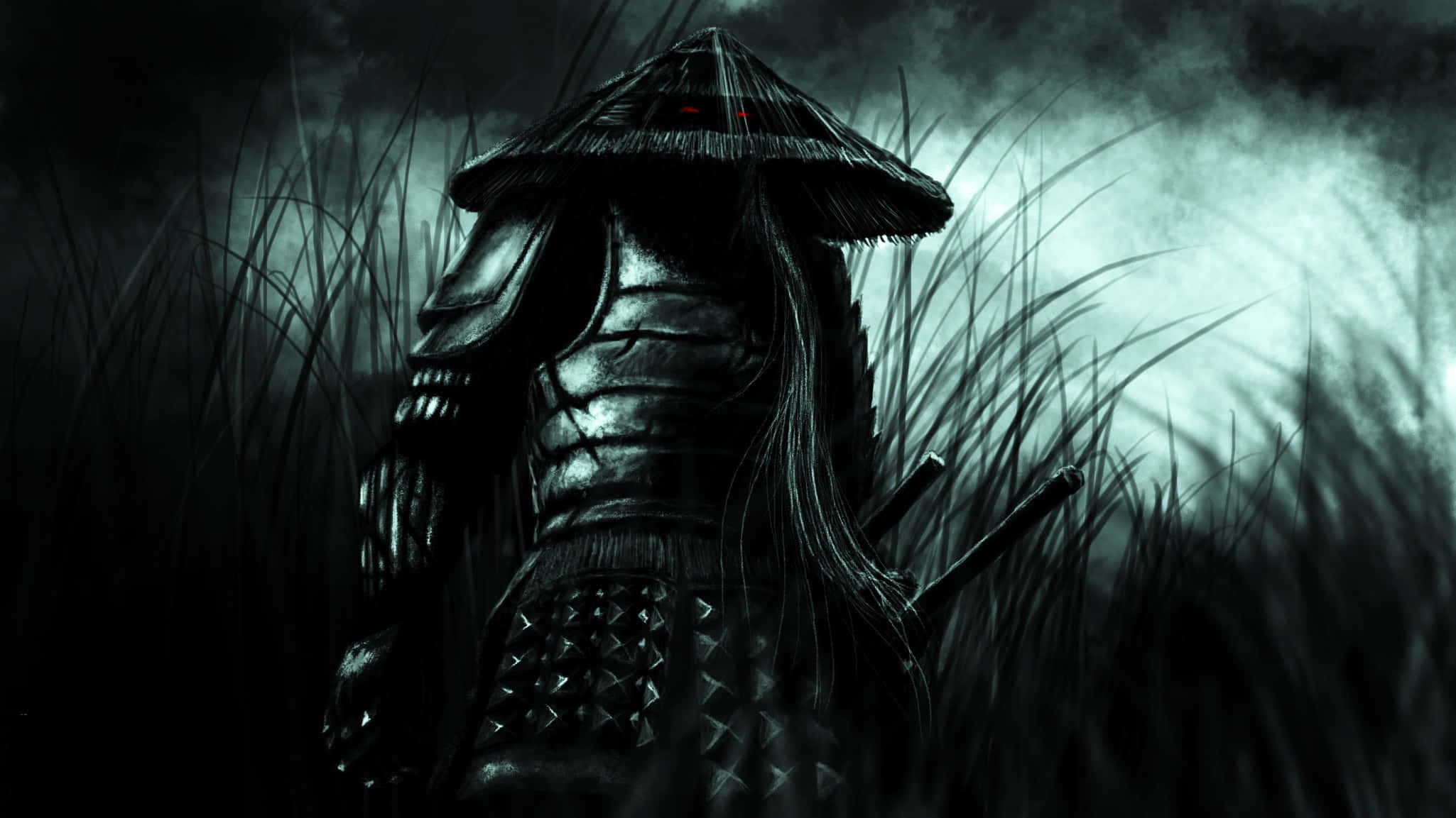 Bushido 桌布 壁紙 — 一個身穿暗色盔甲和草帽的陰影武士，在陰沉天空下的高草叢中靜止不動，雙眼發出紅光。