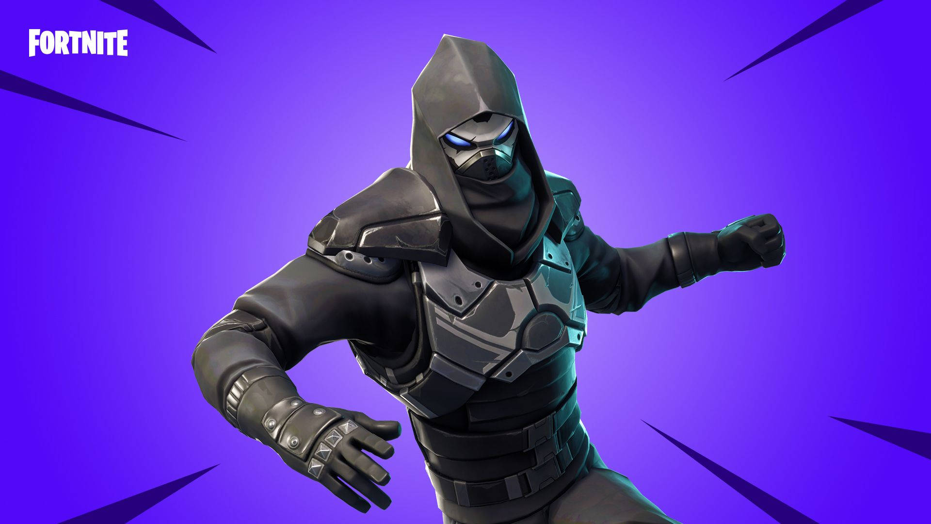 Cool Fortnite 桌布 壁紙 — 一個身穿暗色盔甲的 Fortnite 角色，擁有發光的藍色眼睛，在充滿活力的紫色背景上擺出動態姿勢，背景帶有尖銳的黑色射線。