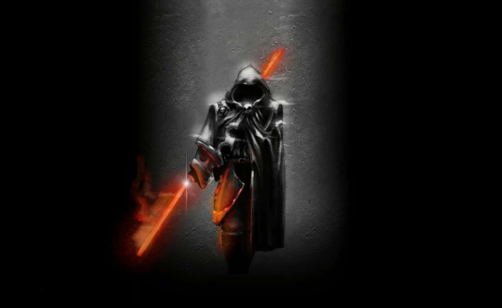 Star Wars Characters 桌布 壁紙 — 一個身穿暗色盔甲的兜帽戰士，在戲劇性的聚光燈下，對著粗糙紋理的牆壁揮舞著發光的橙色光劍。