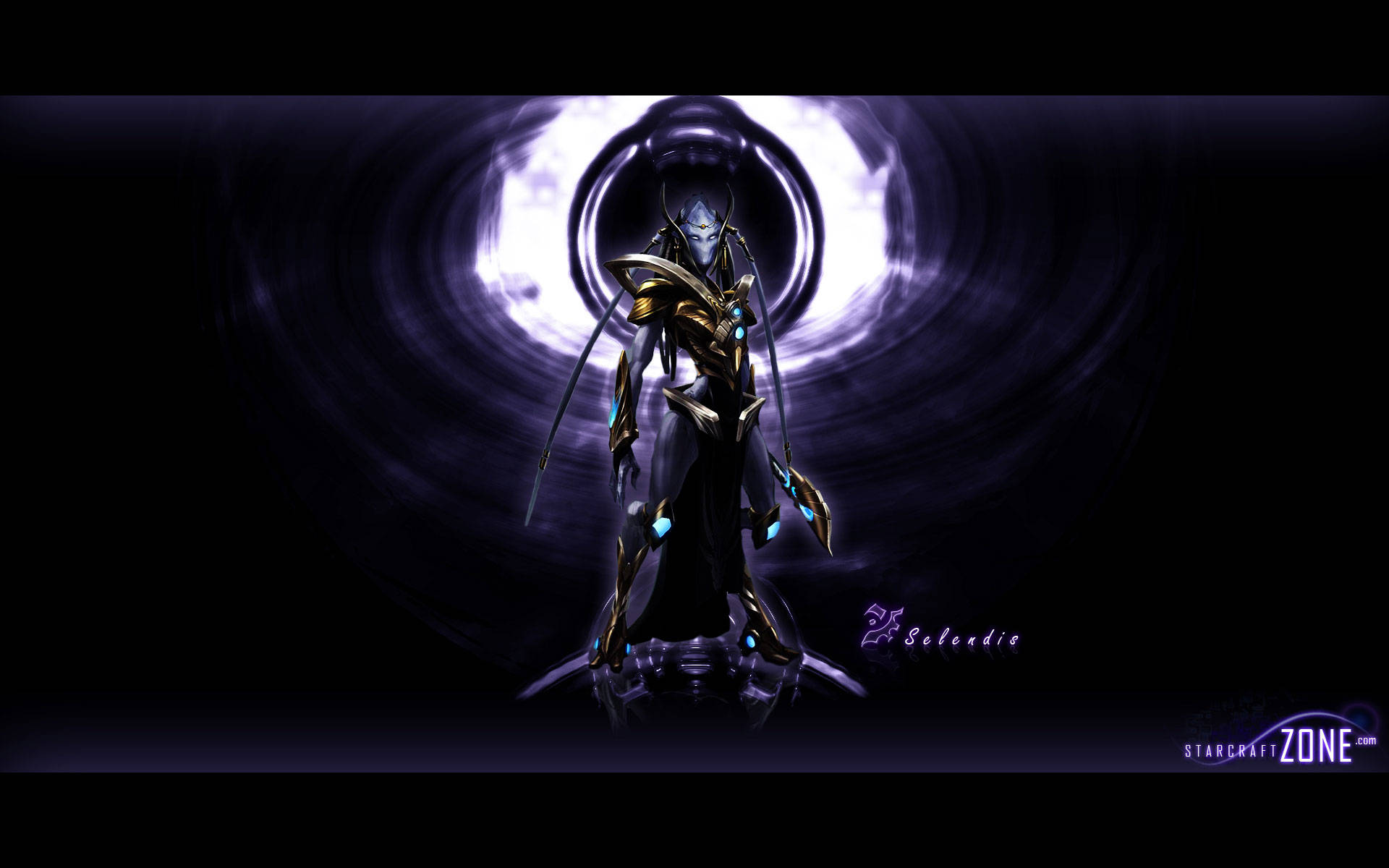 Starcraft 2 桌布 壁紙 — 一個身穿暗色盔甲的外星戰士站在宇宙虛空中一個發光的紫色能量漩渦前。