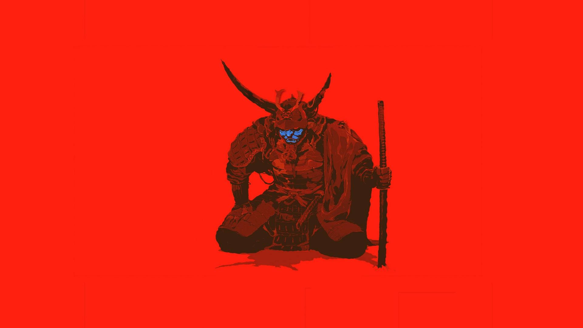 桌布 壁紙 — 一個身穿暗色盔甲的威嚇武士跪在鮮紅色背景前，手持一根帶有發光藍色眼睛的法杖。