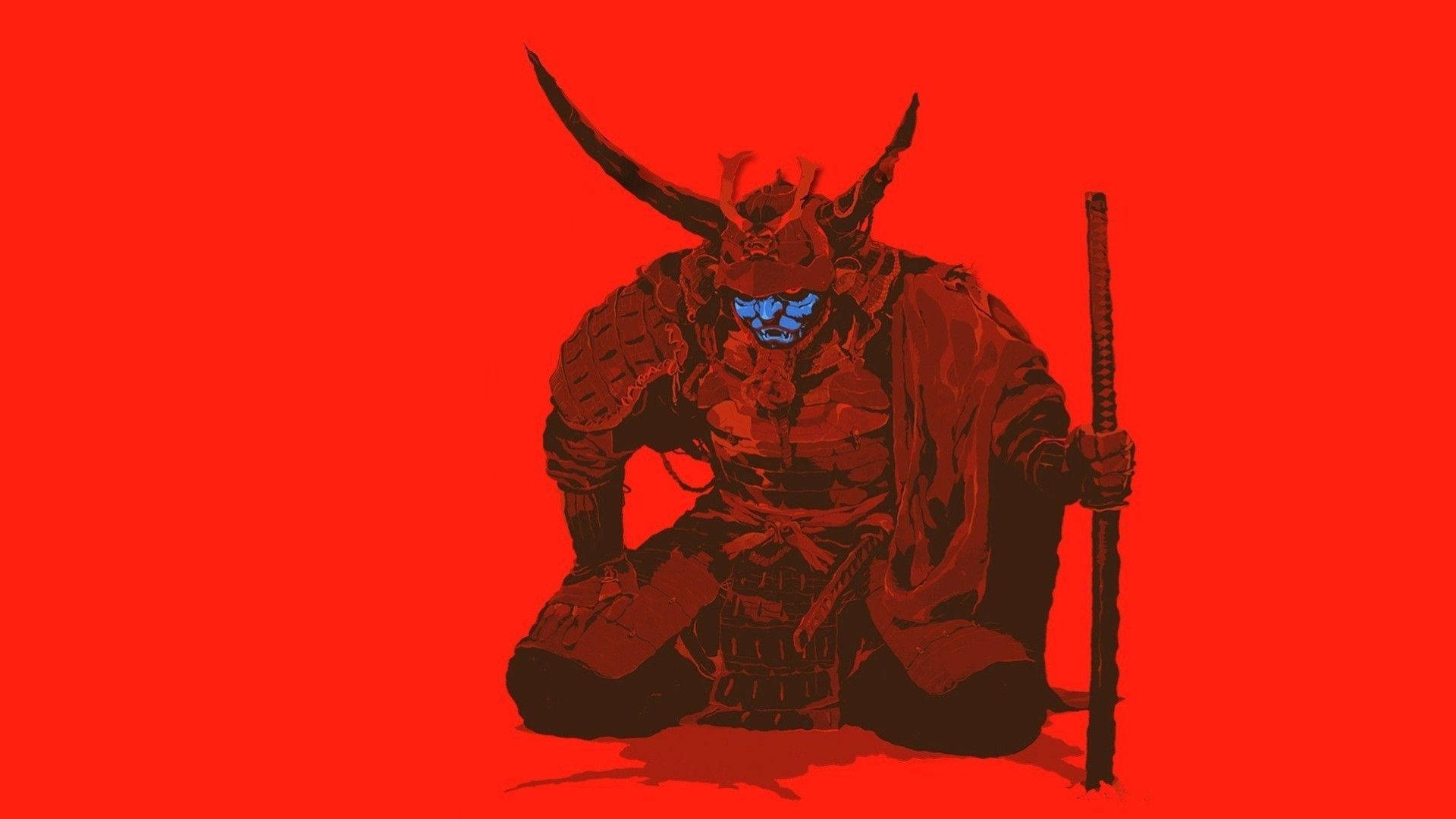 日本武士 桌布 壁紙 — 一個身穿暗色盔甲的威猛武士跪在鮮紅色背景前，擁有發光的藍色眼睛和一把武士刀。