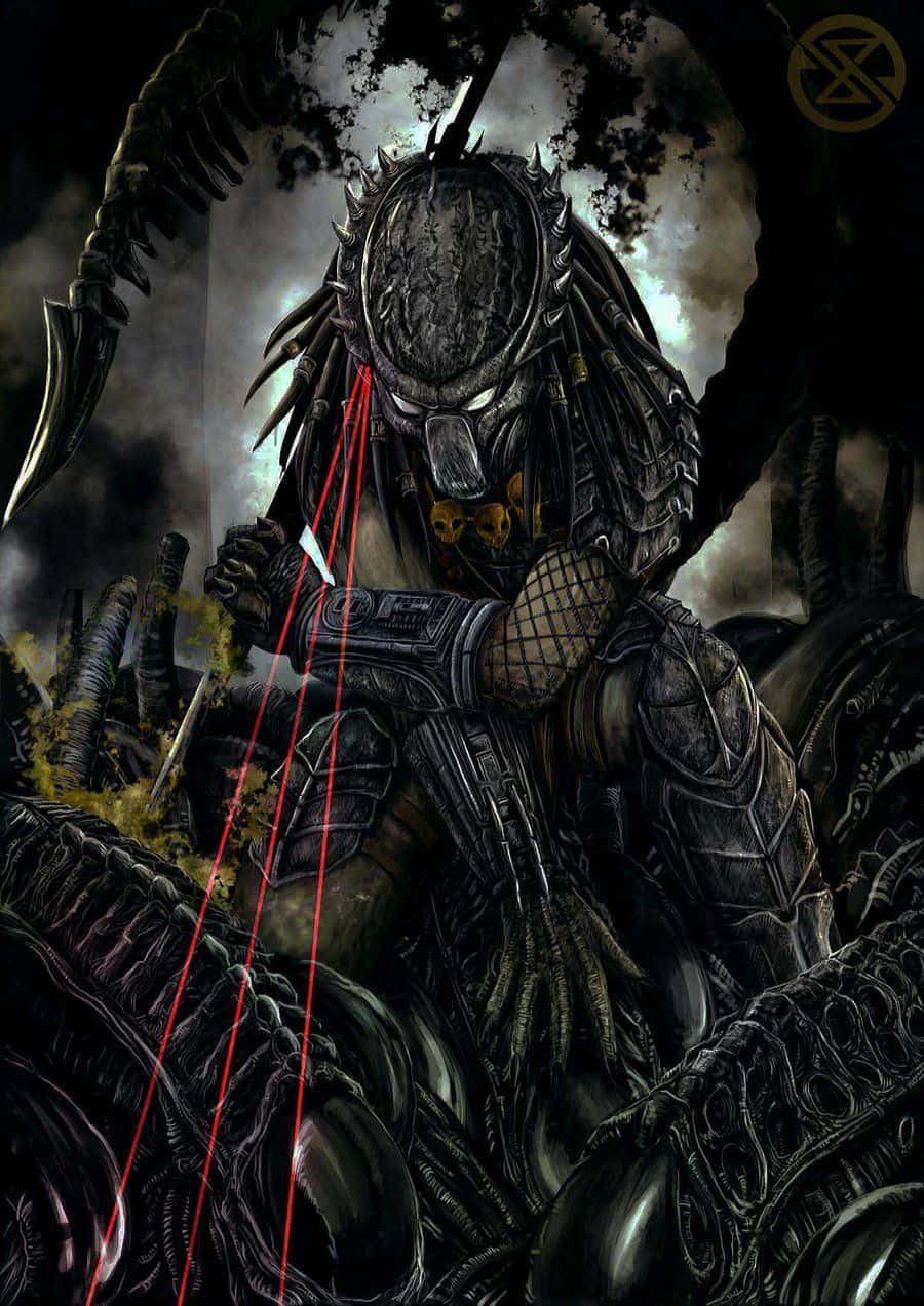Wolf Predator 桌布 壁紙 — 一個身穿暗色盔甲的威脅性掠食者戰士站在外星殘骸中，發光的紅色雷射瞄準器向前瞄準，背景風暴肆虐。