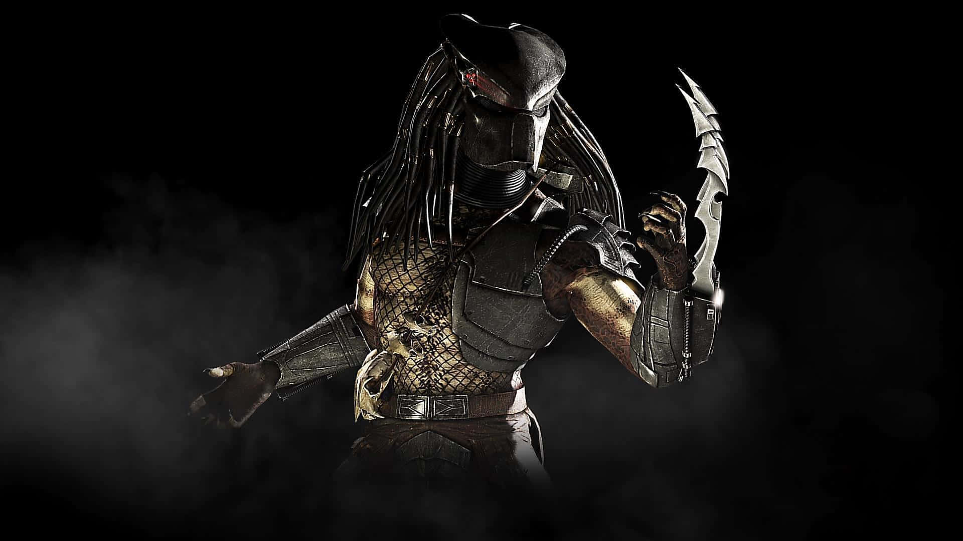 Mortal Kombat X 桌布 壁紙 — 一個身穿暗色盔甲的威脅性掠食者戰士，手持鋸齒狀武器，站在煙霧瀰漫的黑暗中。