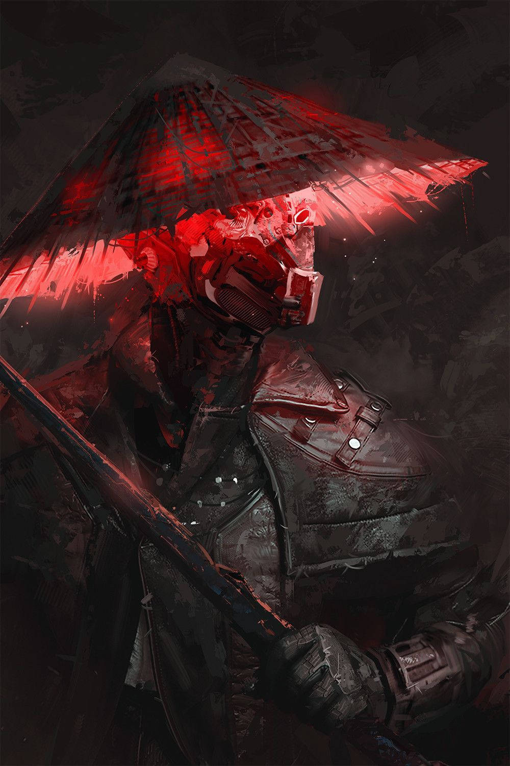Samurai Art 桌布 壁紙 — 一個身穿暗色盔甲的戰士，披著發光的紅色連帽斗篷，站在陰影輪廓中手持武器。