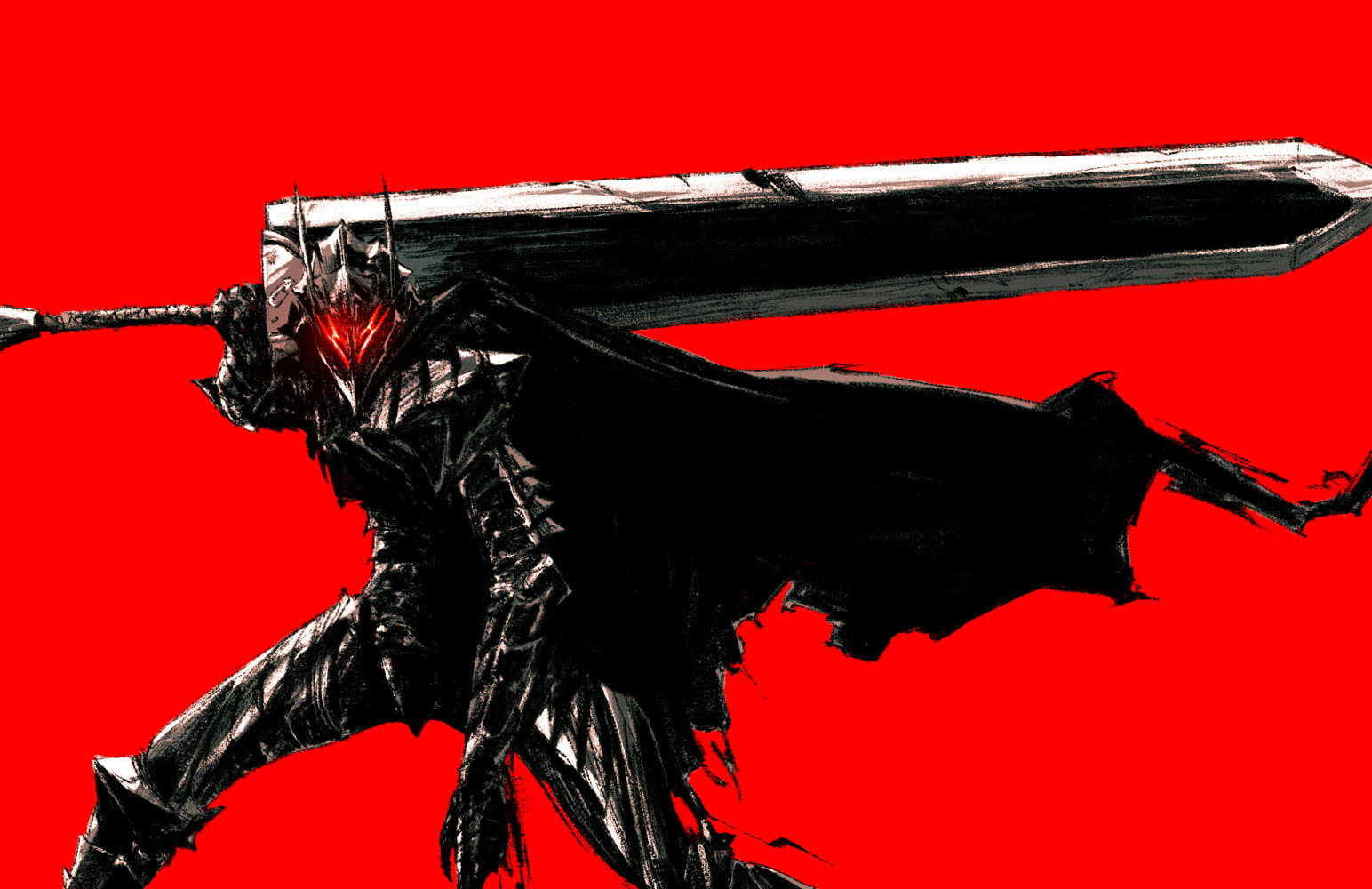 Berserk Guts 桌布 壁紙 — 一個身穿暗色盔甲的戰士，雙眼發出紅光，揮舞著一把巨劍，背景是鮮豔的紅色。