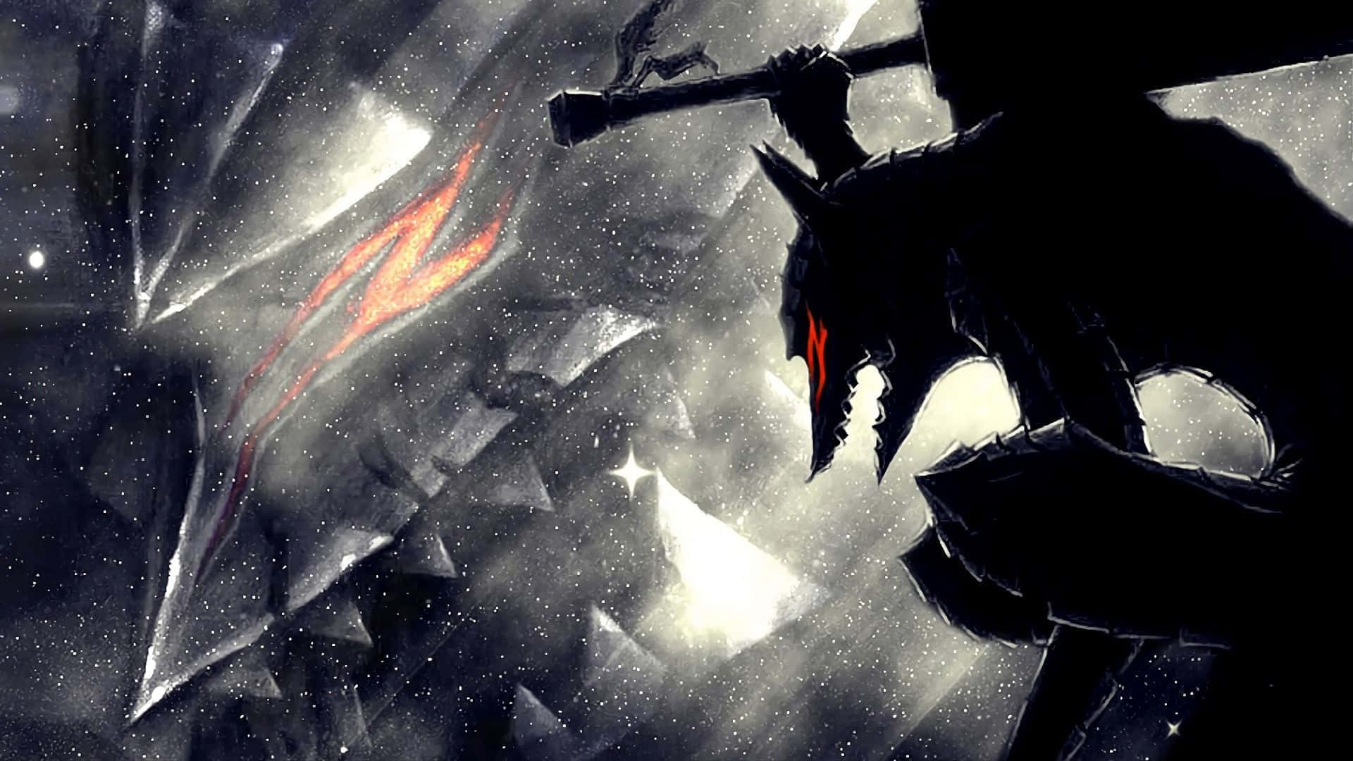 Berserk Armor 桌布 壁紙 — 一個身穿暗色盔甲的戰士，雙眼發出紅光，揮舞著巨大的錘子，背景是破碎的宇宙，充滿熾熱的能量。