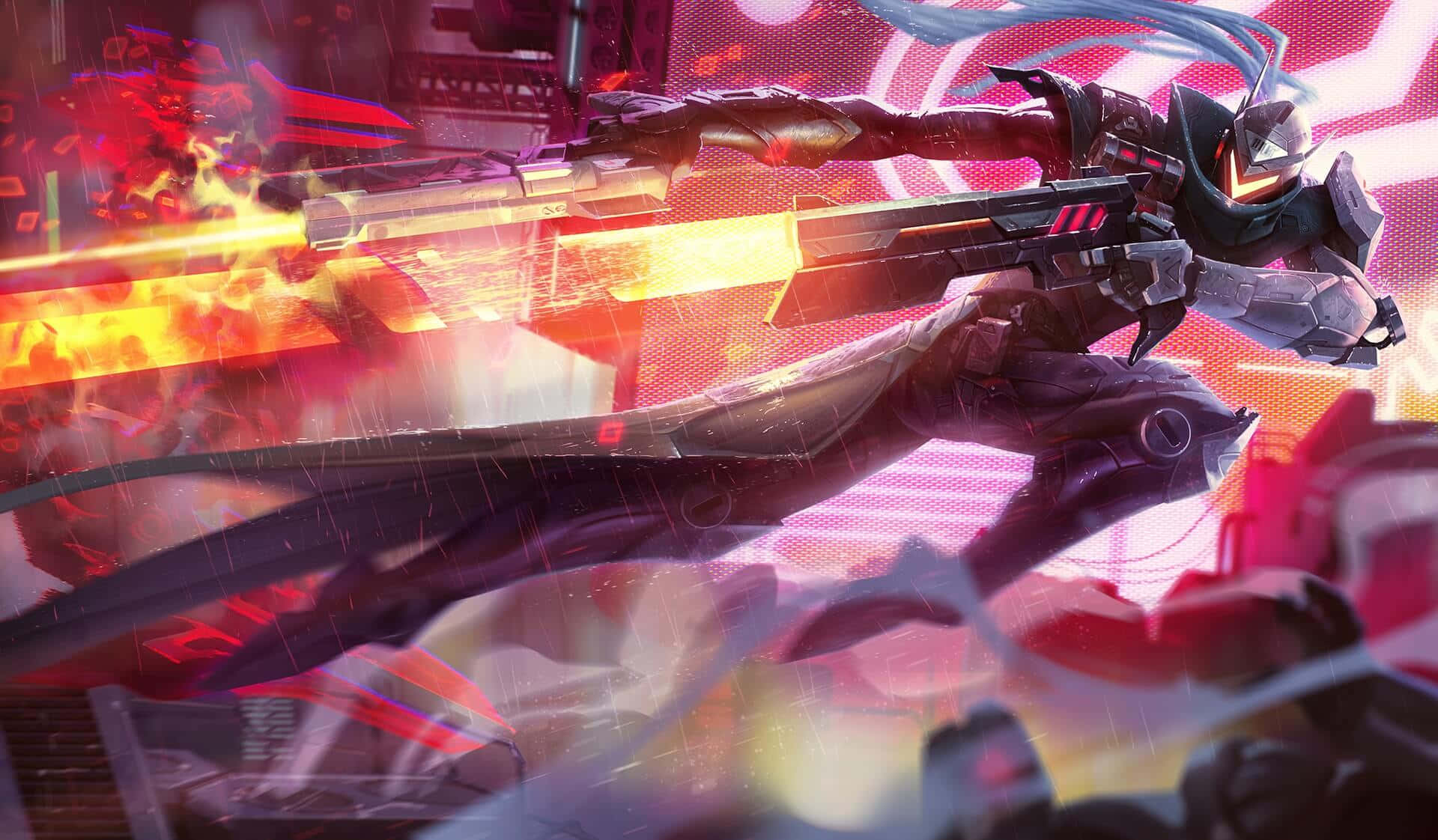 Best League Of Legends 桌布 壁紙 — 一個身穿暗色盔甲的未來戰士在混亂的霓虹戰場上，伴隨著熾熱的爆炸，發射發光的武器。