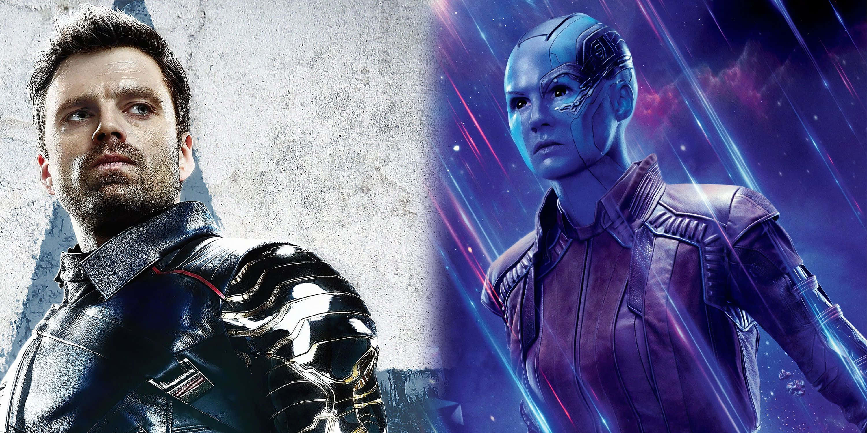 Mcu Characters 桌布 壁紙 — 一個身穿暗色盔甲的男人站在一個藍皮膚外星戰士旁邊，背景是宇宙條紋和星空。