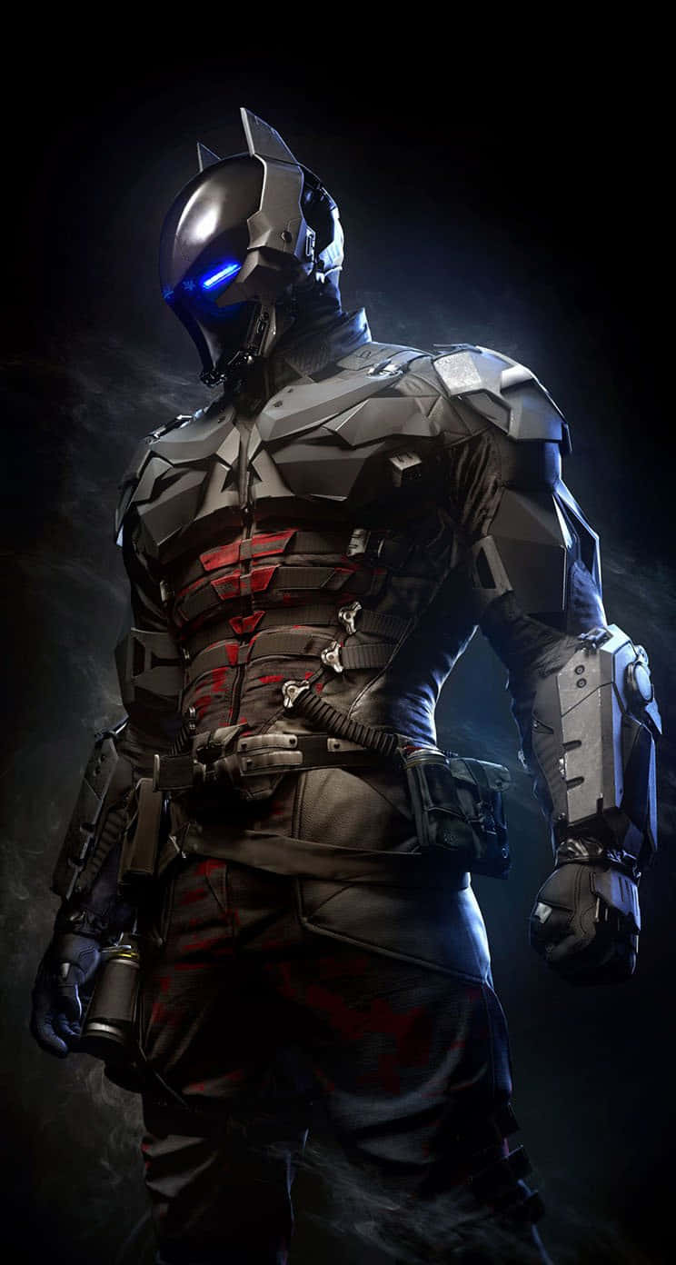 Batman Arkham Knight 桌布 壁紙 — 一個身穿暗色盔甲的蝙蝠俠，雙眼發出藍光，站在黑色背景的陰影煙霧中。