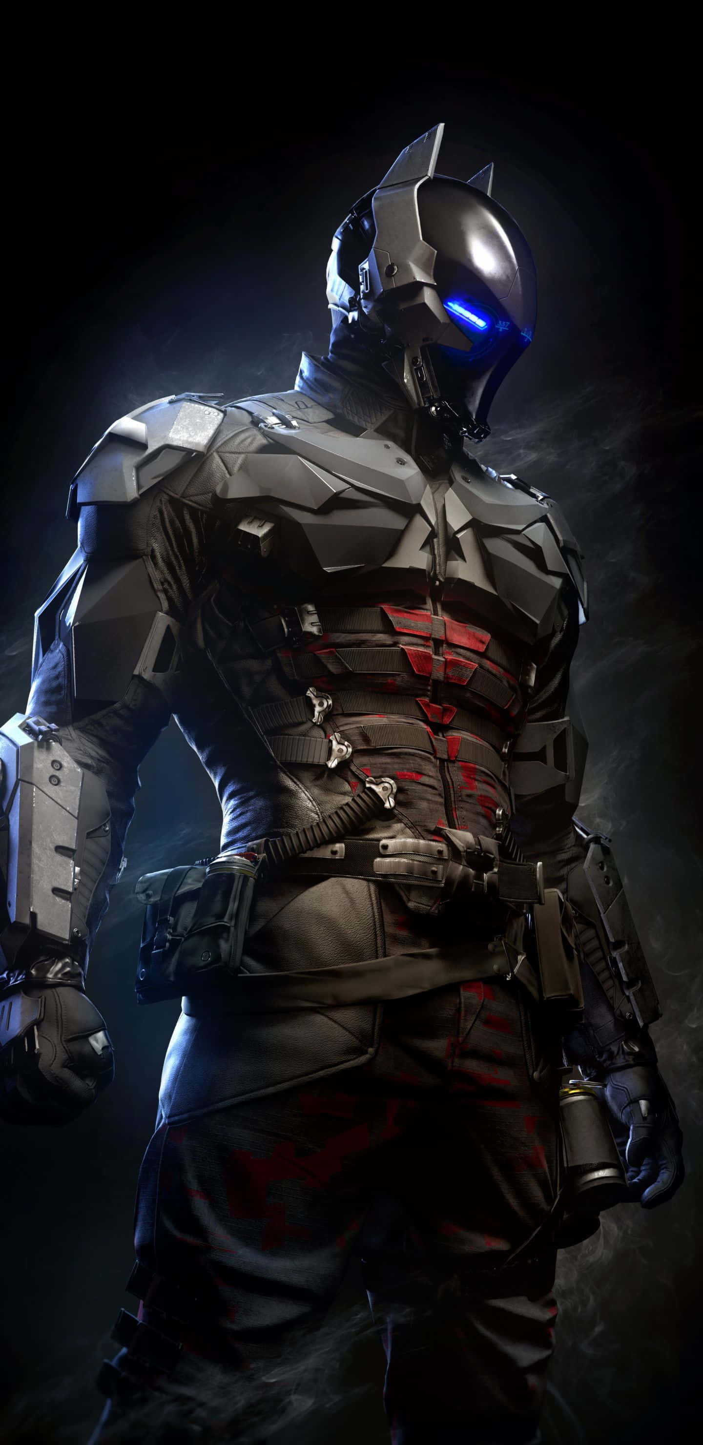 Pixel 3xl Batman Arkham City 桌布 壁紙 — 一個身穿暗色盔甲的蝙蝠俠，雙眼發出藍光，在煙霧瀰漫的黑色背景中形成陰影輪廓。