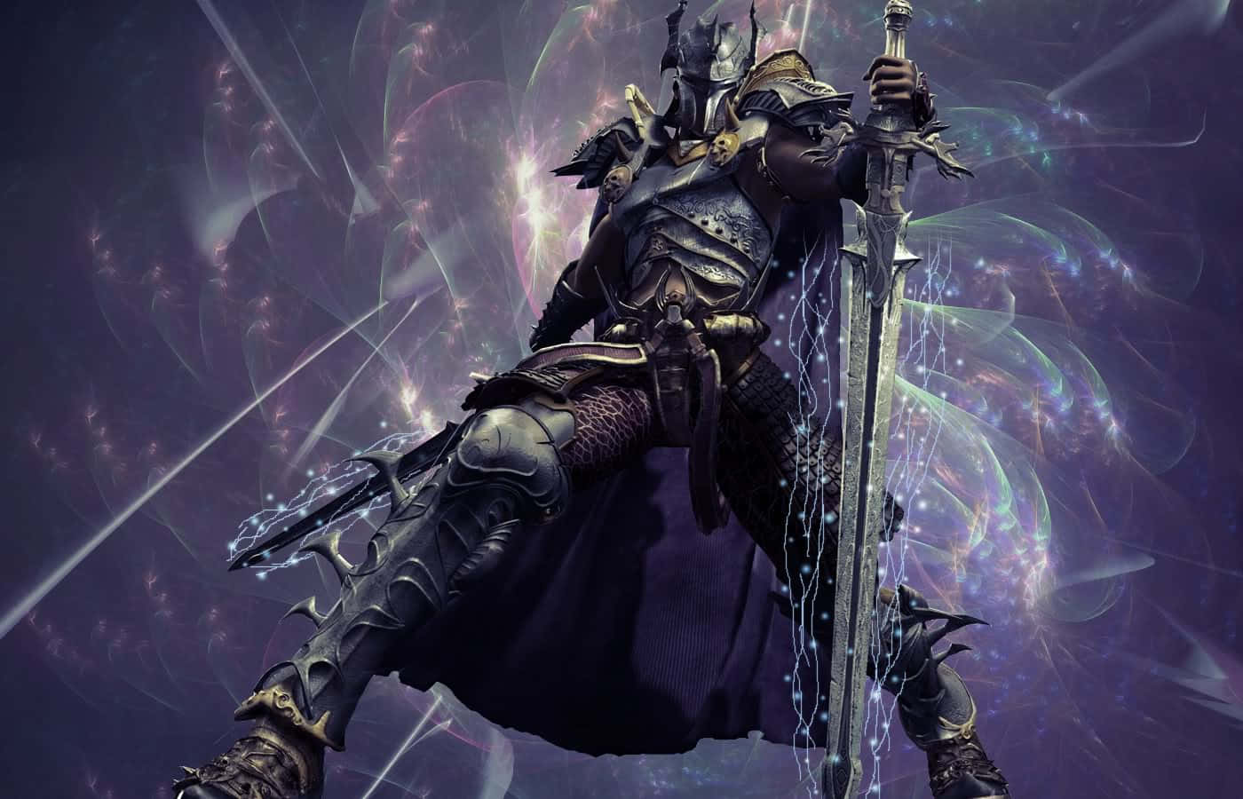 死亡騎士 桌布 壁紙 — 一個身穿暗色盔甲的騎士手持發光劍，站在旋轉的宇宙星雲背景前。