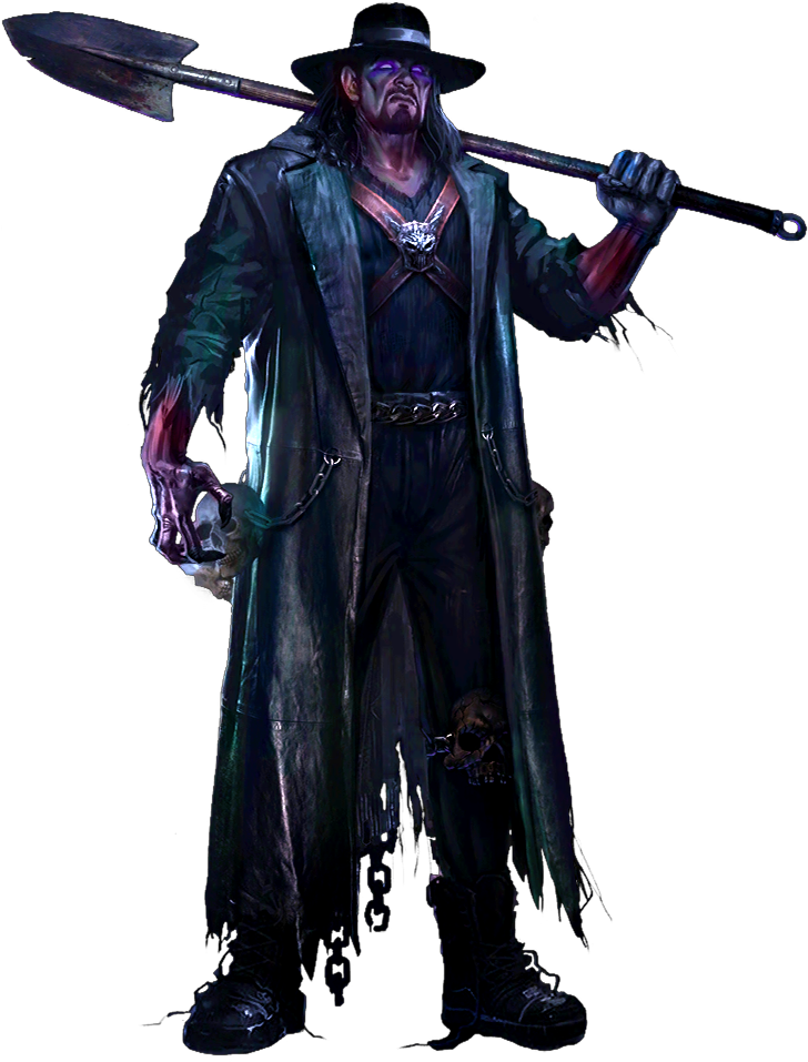 Undertaker 桌布 壁紙 — 一個身穿暗色衣服、帶有發光紫色眼睛、肩上扛著鏟子的威脅性人物，站在黑色背景前。