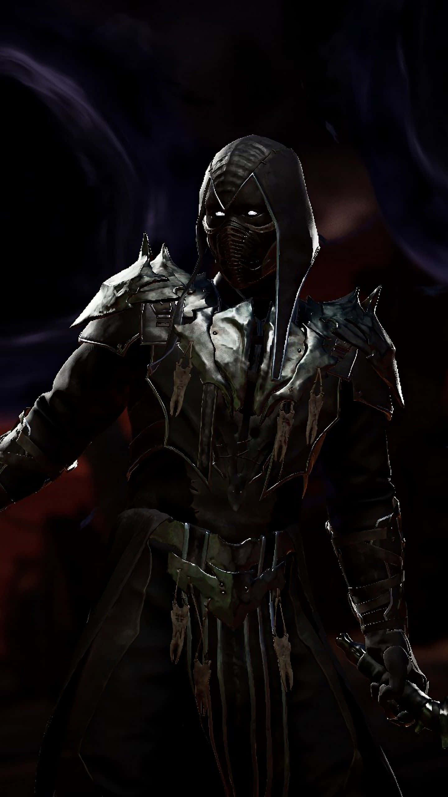 Mortal Kombat Noob Saibot 桌布 壁紙 — 一個身穿暗色金屬盔甲的威脅性兜帽戰士，站在旋轉的紫色和紅色虛空中。