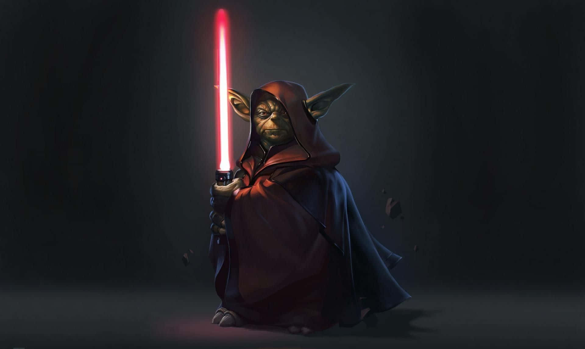 Yoda 桌布 壁紙 — 一個身穿暗色長袍、帶有威脅性的尤達，在陰影背景前手持發光的紅色光劍。