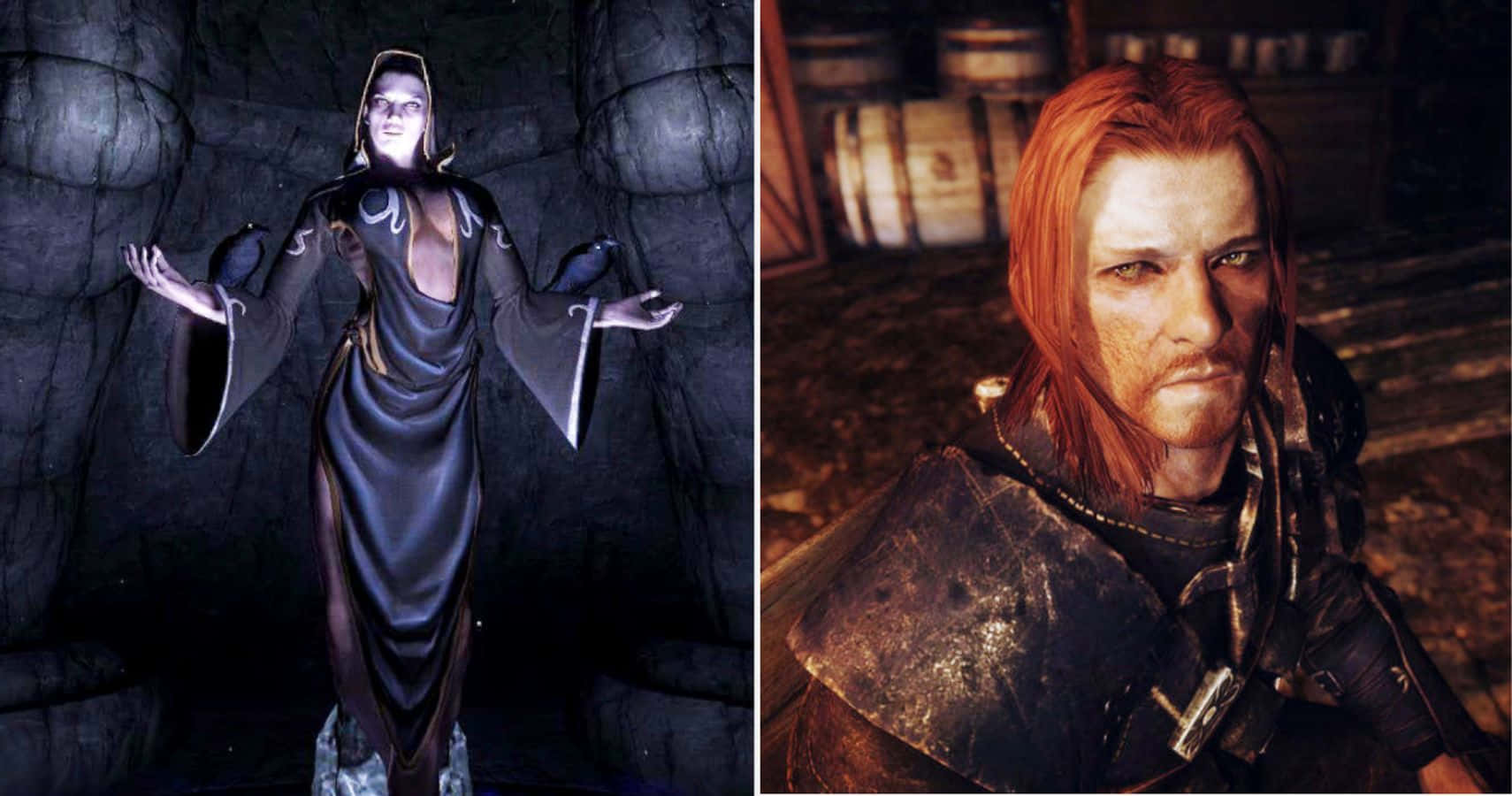 Thieves Guild 桌布 壁紙 — 一個身穿暗色長袍、眼睛發光的人物，站在一個石室裡，旁邊是一位紅髮戰士，身處燈光昏暗的酒館。