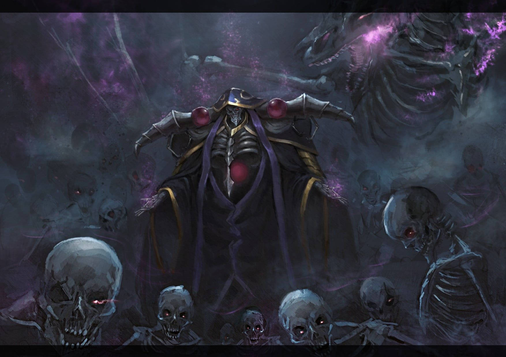Overlord 桌布 壁紙 — 一個身穿暗色長袍的骷髏巫師，擁有發光的紅色眼睛和球體，指揮著一個被頭骨和紫色能量龍包圍的王座。