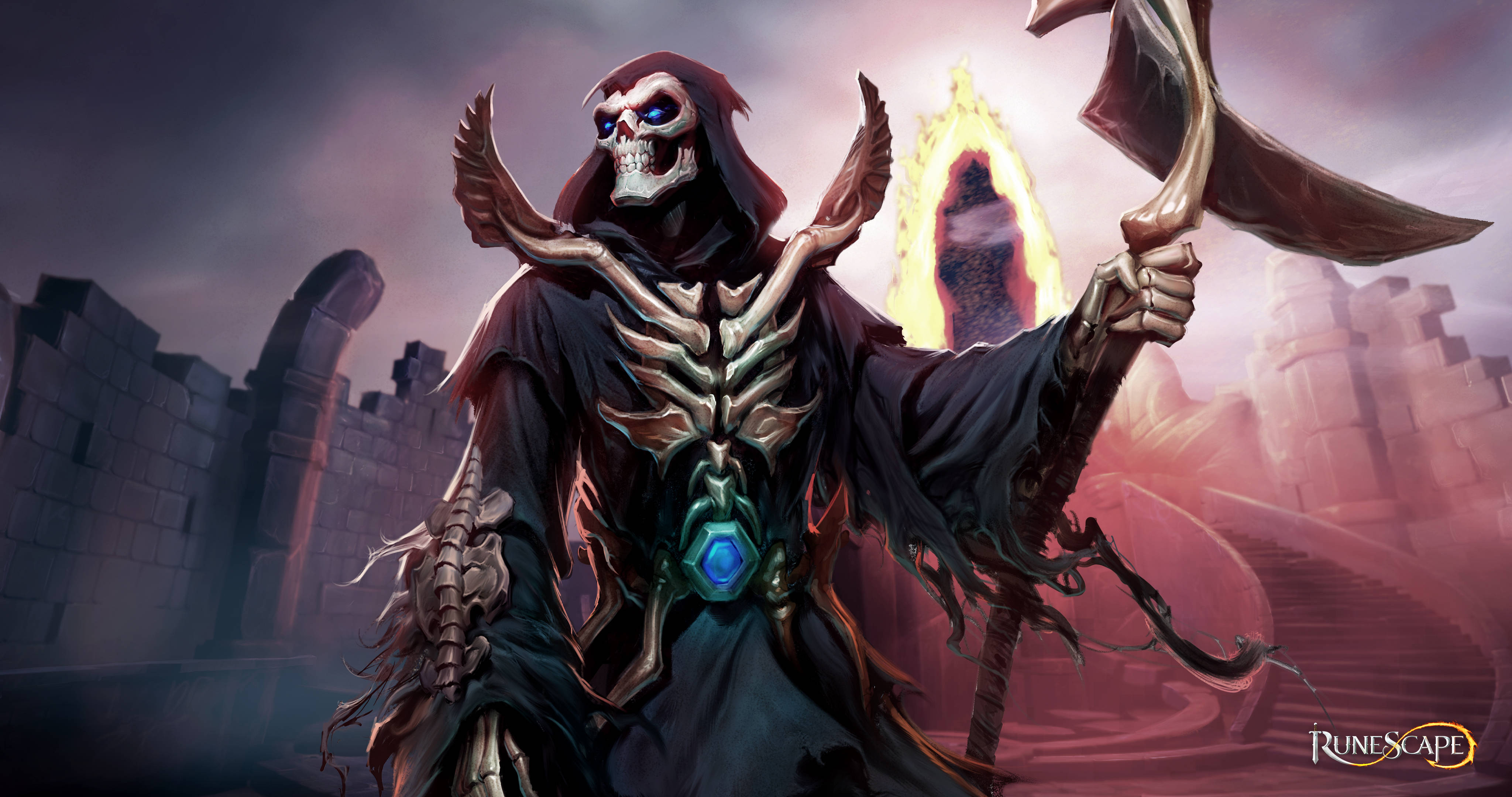 runescape 桌布 壁紙 — 一個身穿暗色長袍的骷髏戰士，在 crumbling 石頭堡壘中，於熾熱傳送門前揮舞著發光的斧頭。