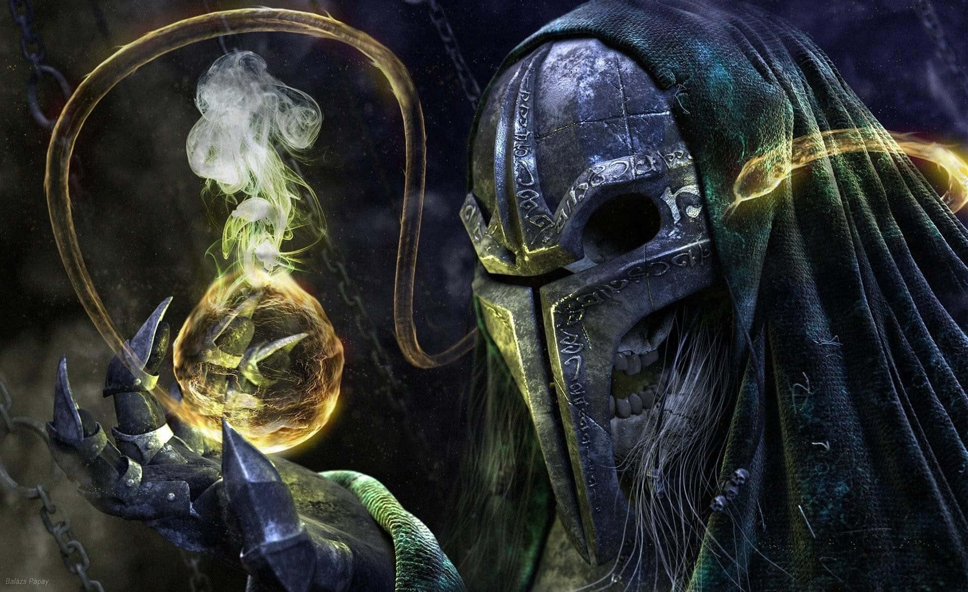 Evil Witch 桌布 壁紙 — 一個身穿暗黑盔甲、戴著骷髏面具的人物，手持一個散發著鬼魅煙霧的發光球體，背景是陰暗的鎖鏈。