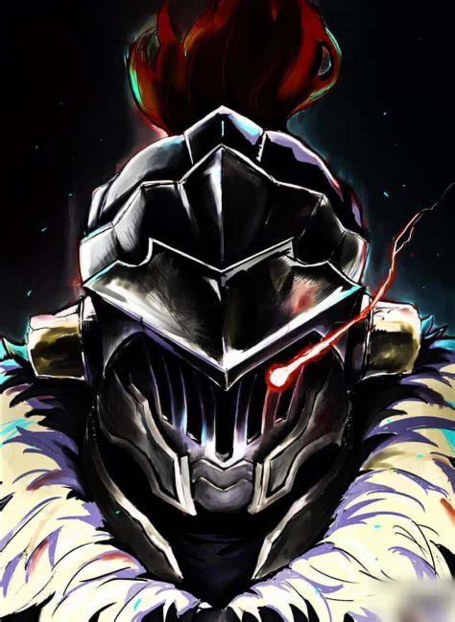 Goblin Slayer 桌布 壁紙 — 一個身穿暗黑盔甲、擁有發光紅眼和火紅頭髮的威脅性騎士，背景是繁星點點的夜空。