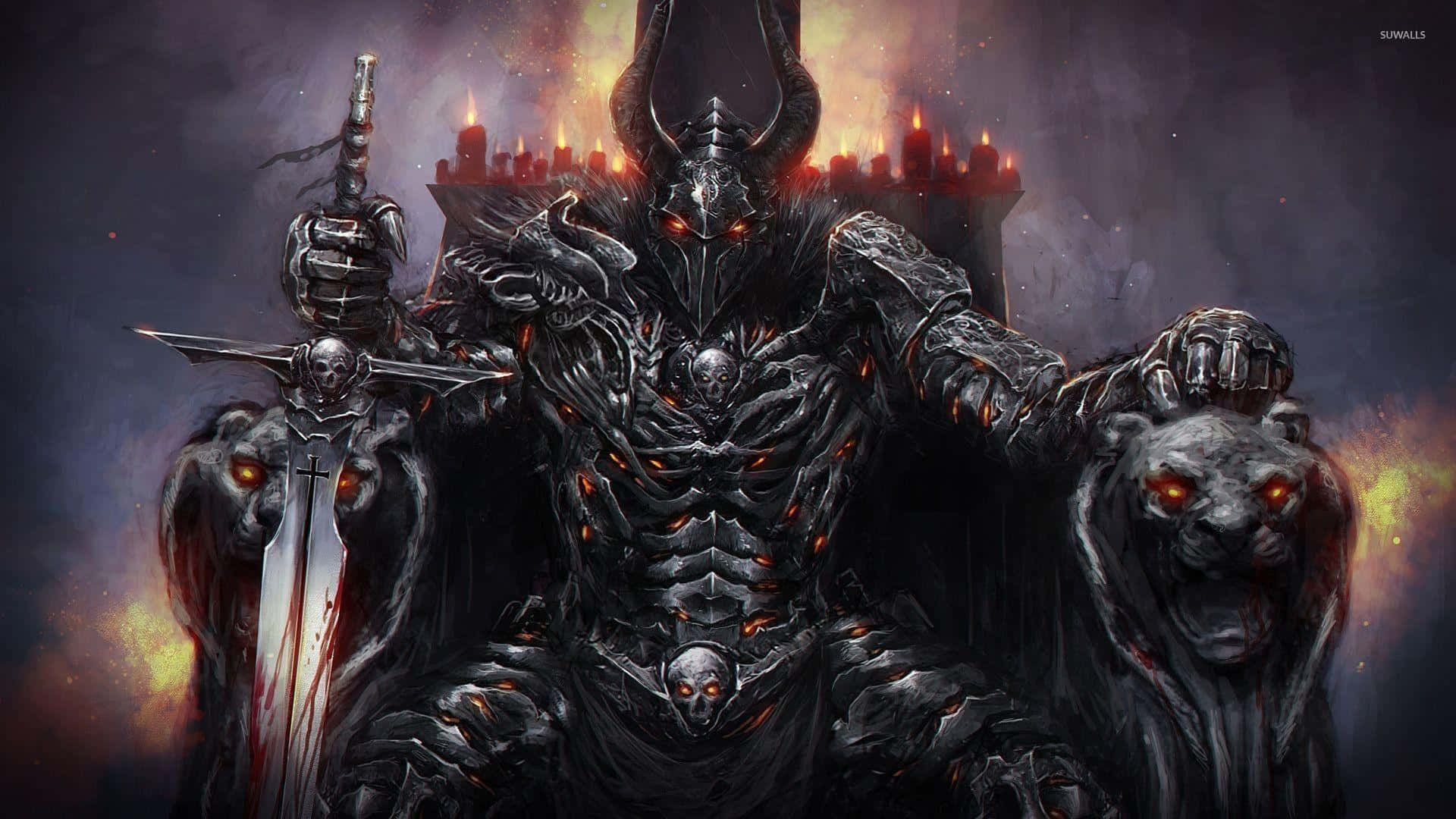 Cool Demon 桌布 壁紙 — 一個身穿暗黑盔甲、雙眼發紅光的惡魔王坐在王座上，兩側有兩隻咆哮的獅形野獸手持劍。